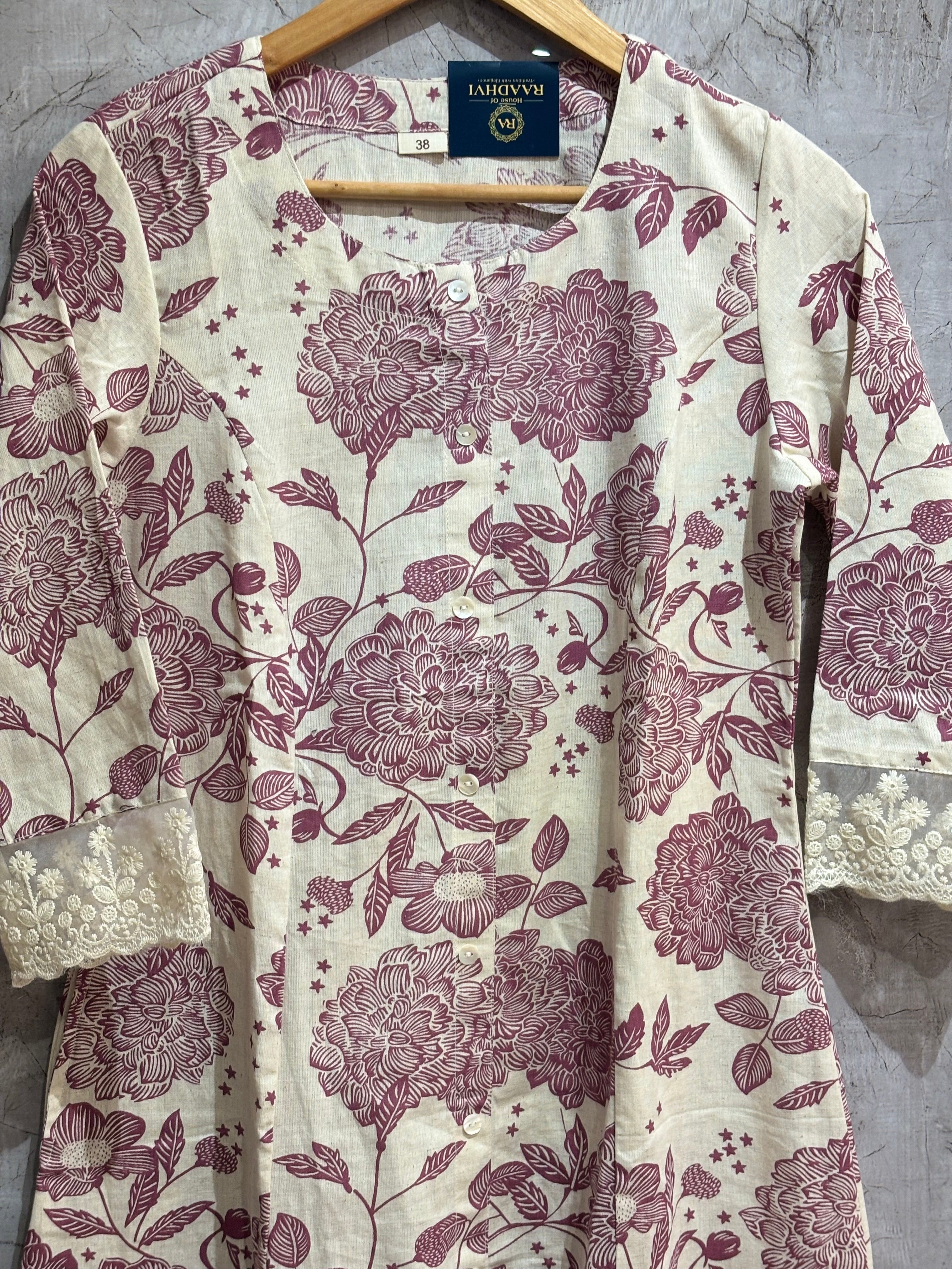 "LILY" Cream and wine linen Cotton cord set Kurtha