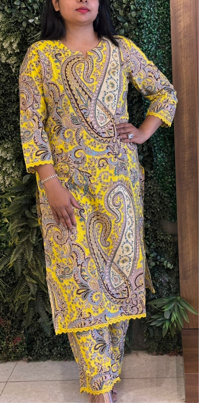 "KALI" Yellow Kalamkari Mul Cotton Cord Set Kurtha