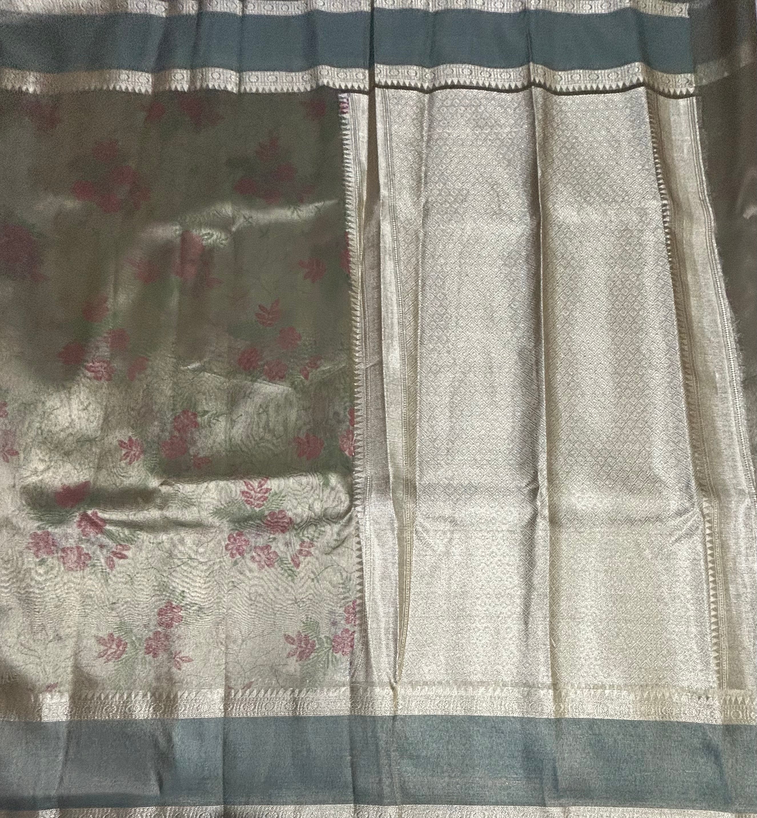 Pastel green bentex border semi Tissue saree