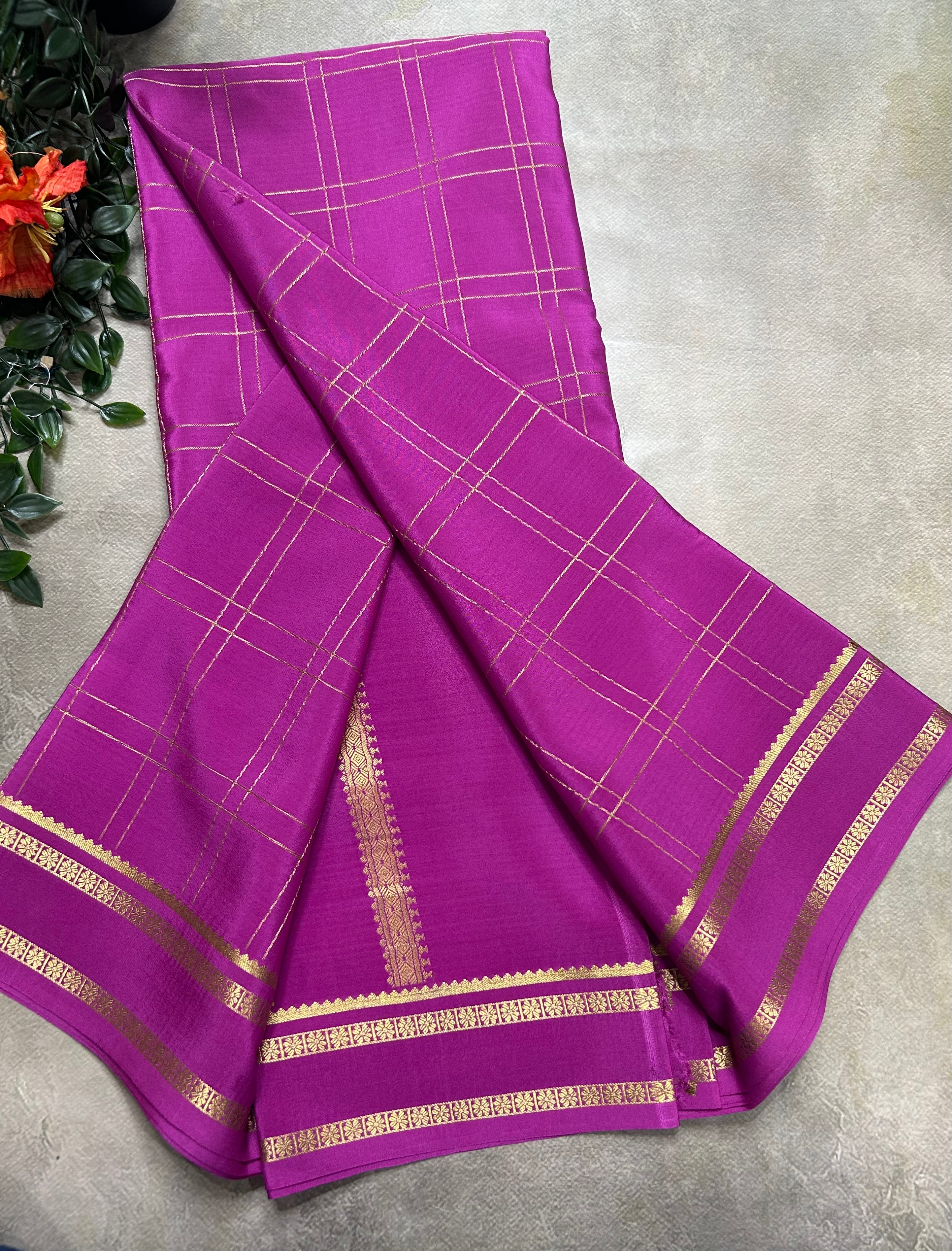 Light pink big checks n Bentex border pure Mysore silk 106 saree
