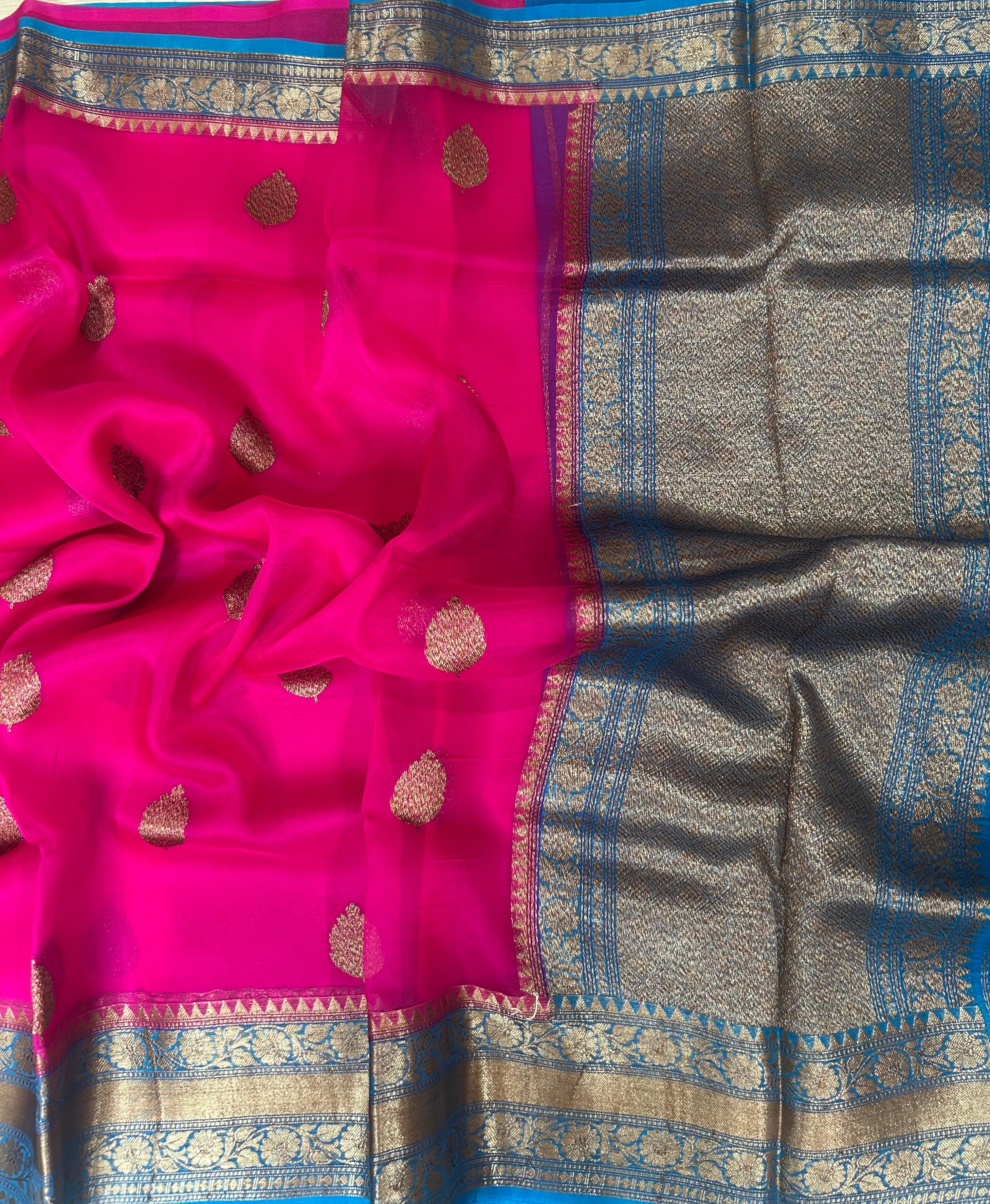 Pink n blue  pure kora organza silk saree