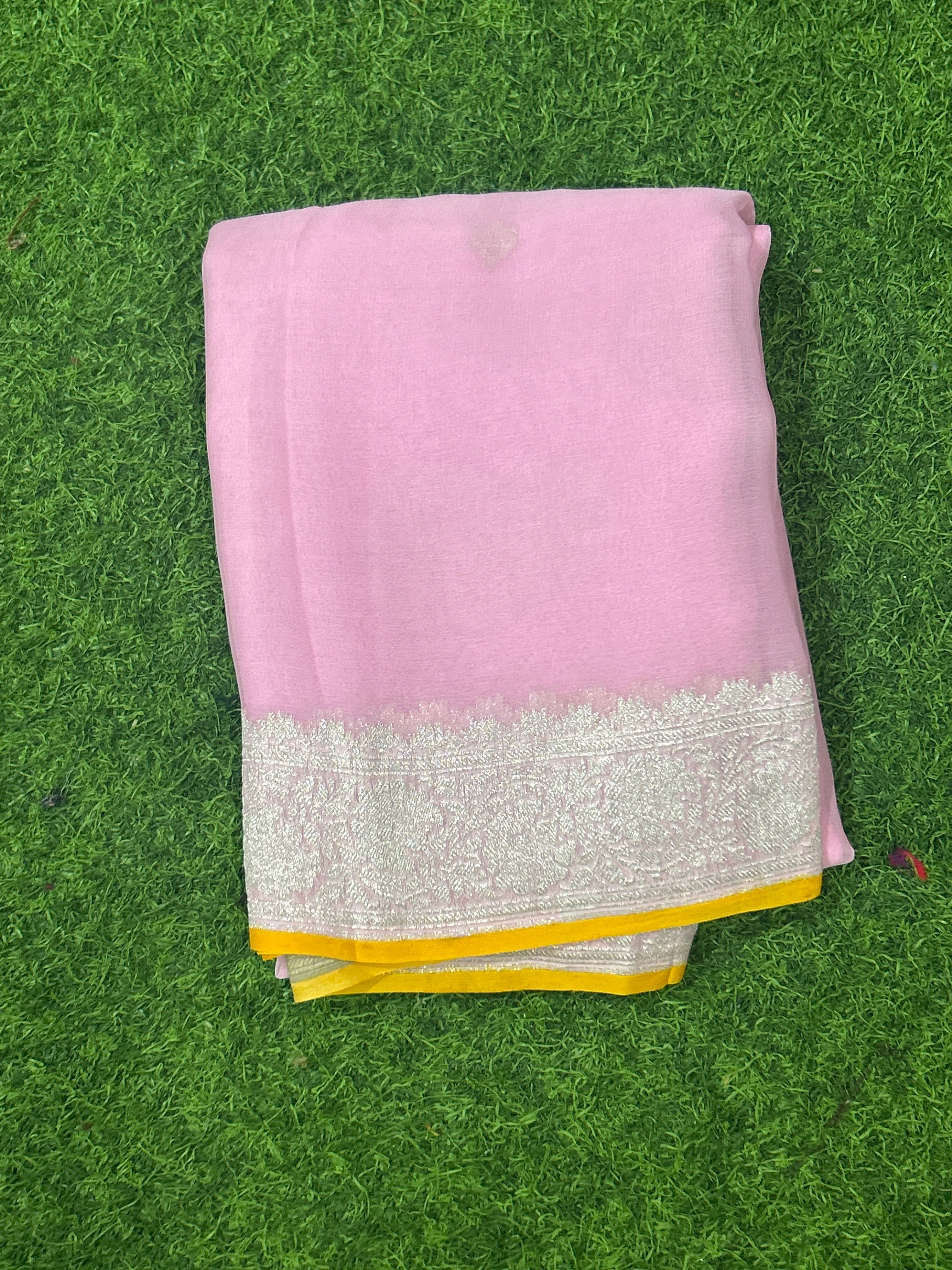Baby pink n yellow benaras pure khadi chiffon saree