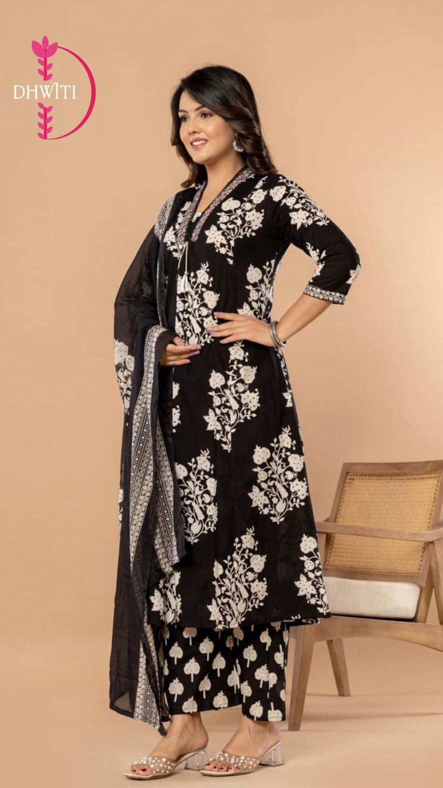 “Kaya” Black Mul Cotton with block prints 3pcs  Kurtha 115 suit with embroidery