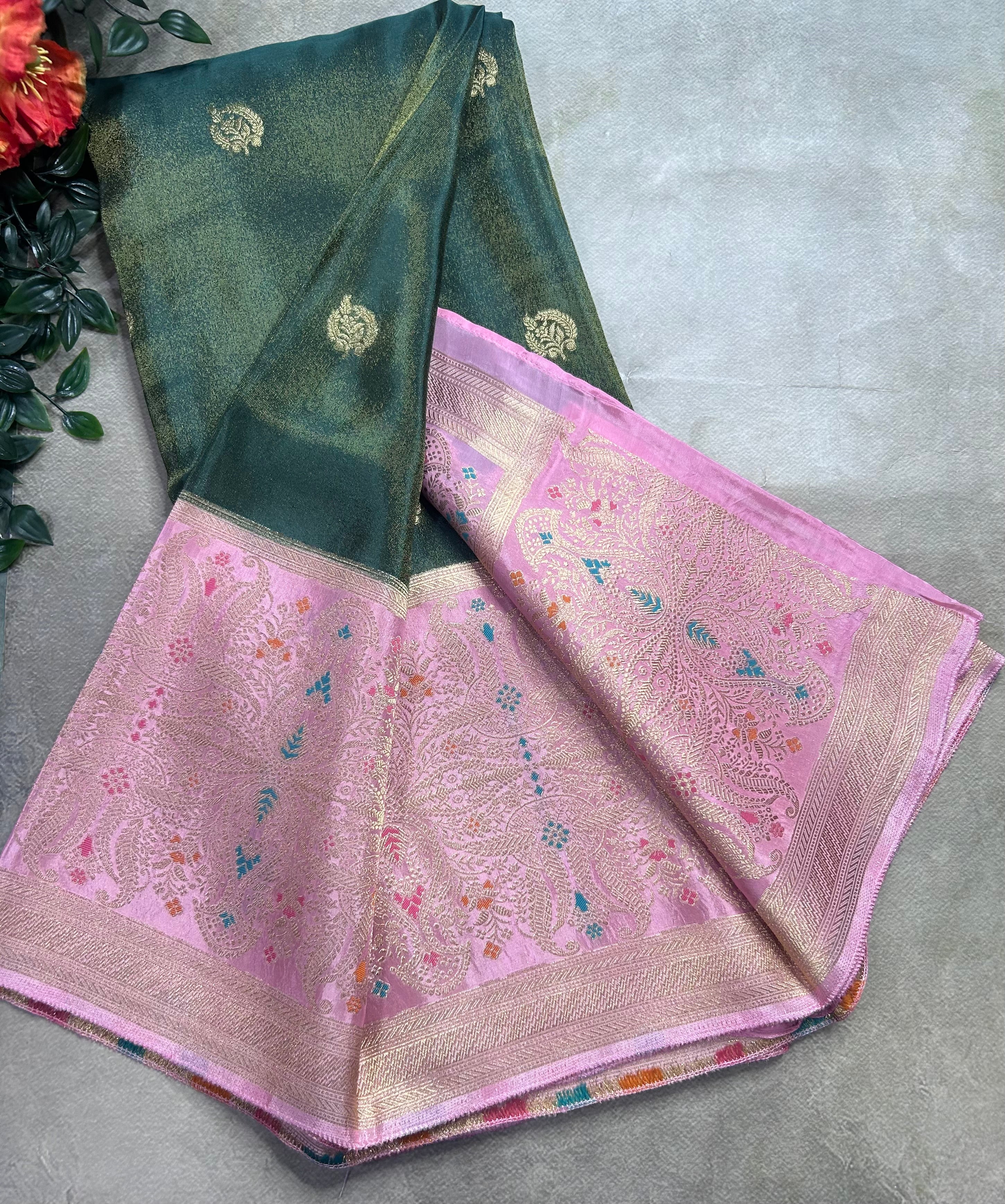 Green contrast long border soft semi tissue crepe 106 saree