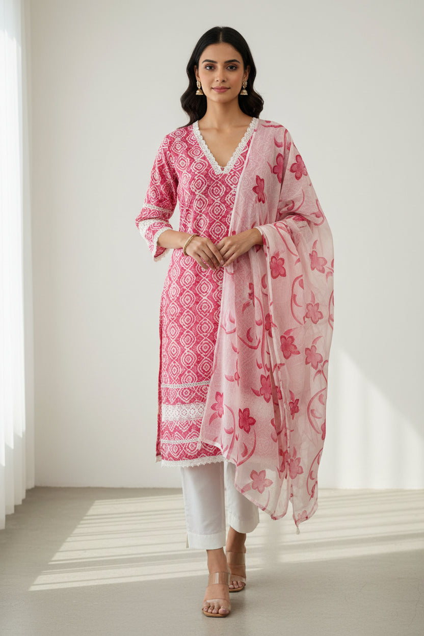 Pink Cotton Block Print Straight Fit Kurtha