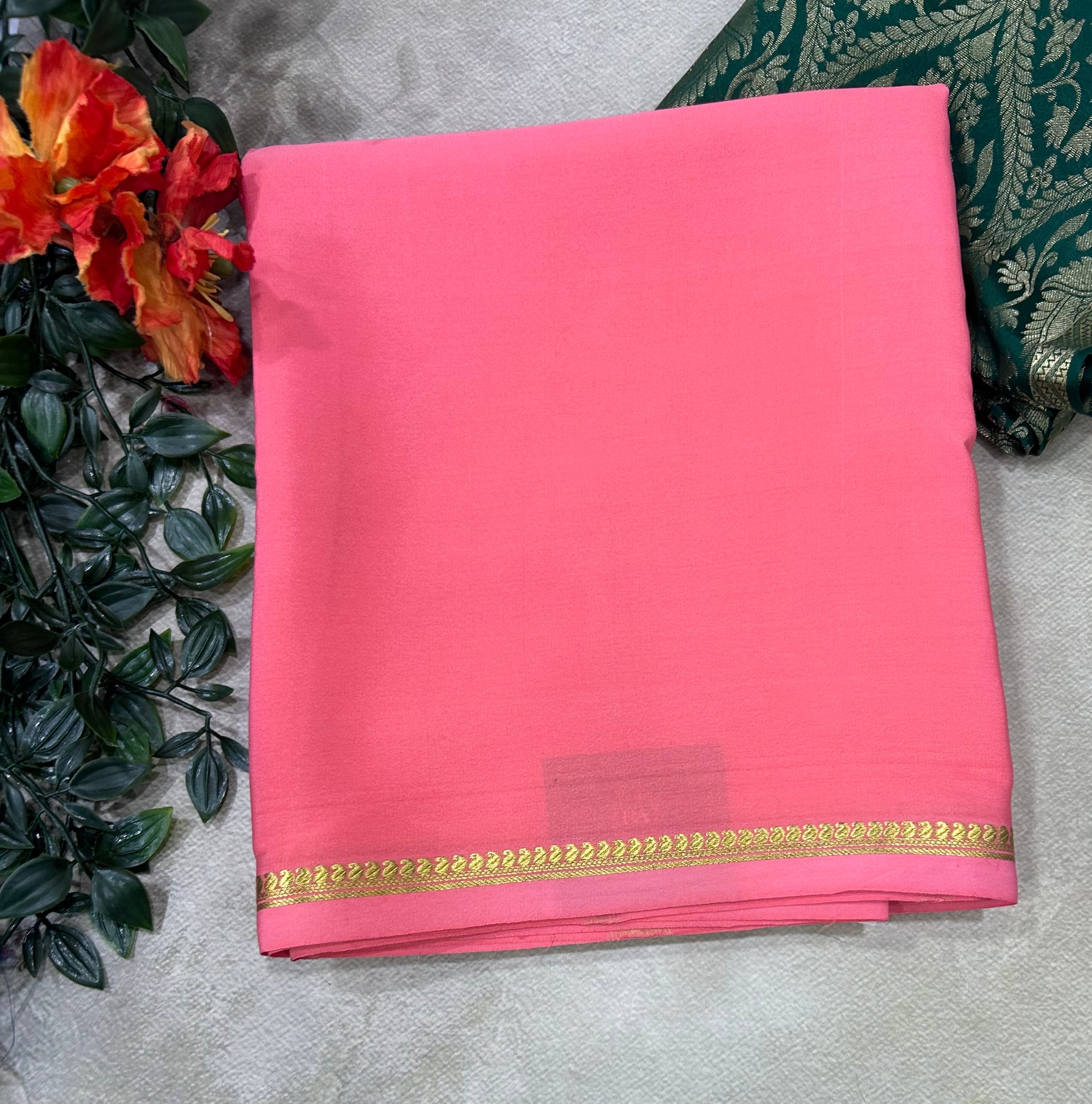 Light pink plain pure mysore crepe silk saree with Mysore brocade blouse piece(MSM106)