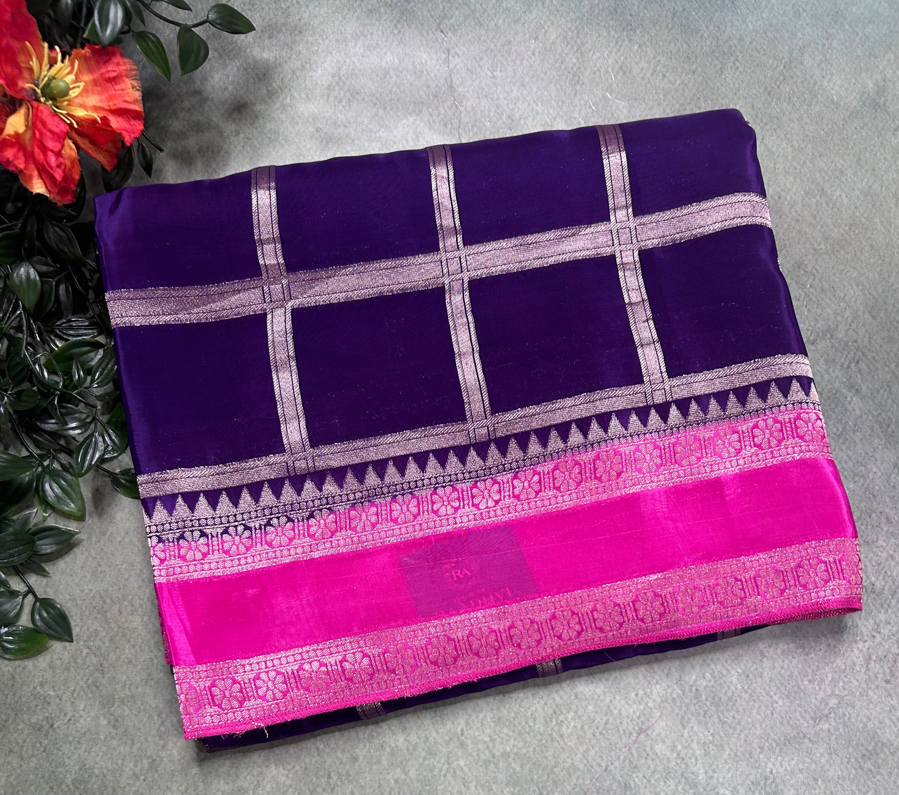 Purple checks n bentex border semi crepe 106 saree