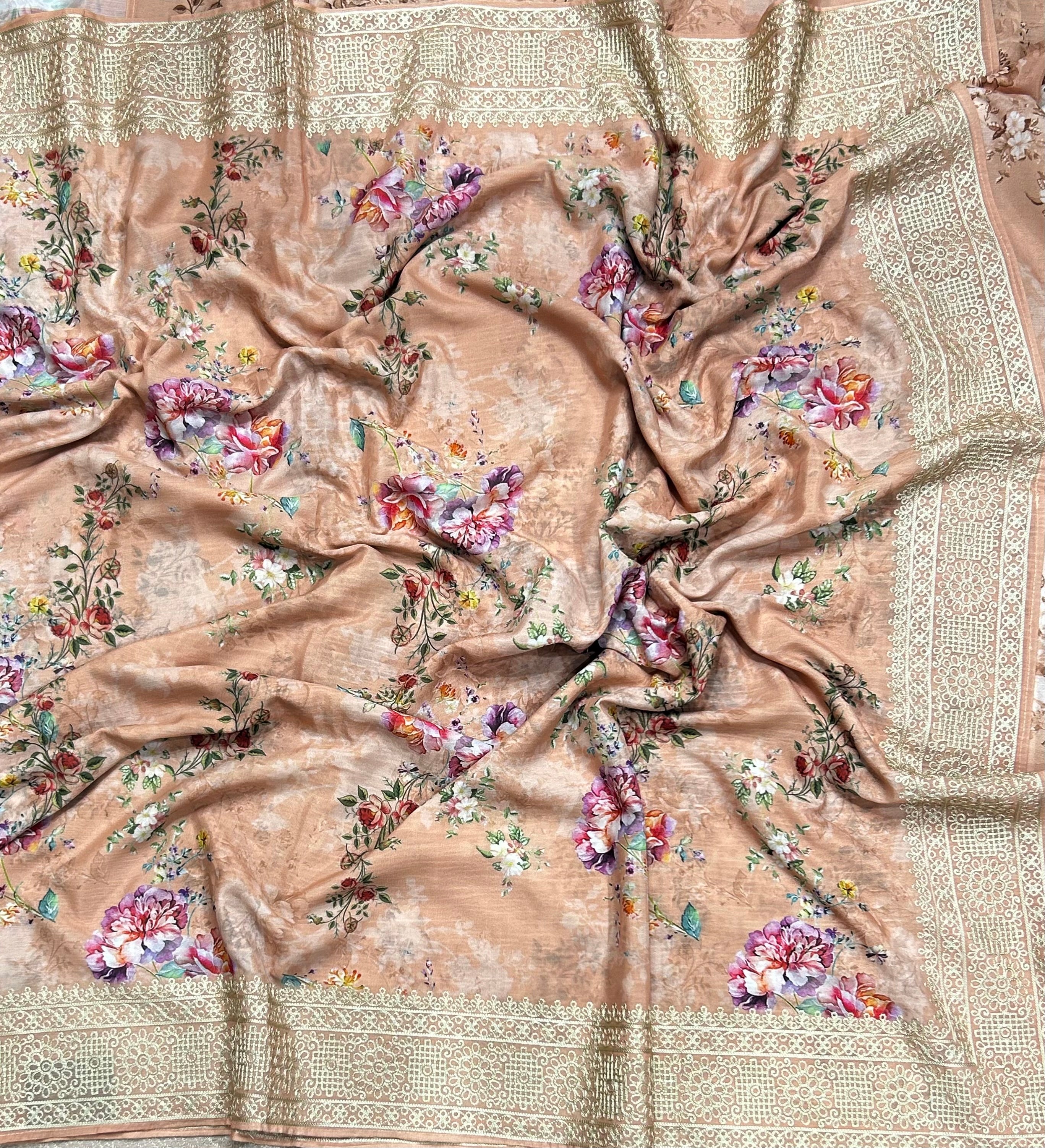 Peach digital printed border 104 chinnon saree