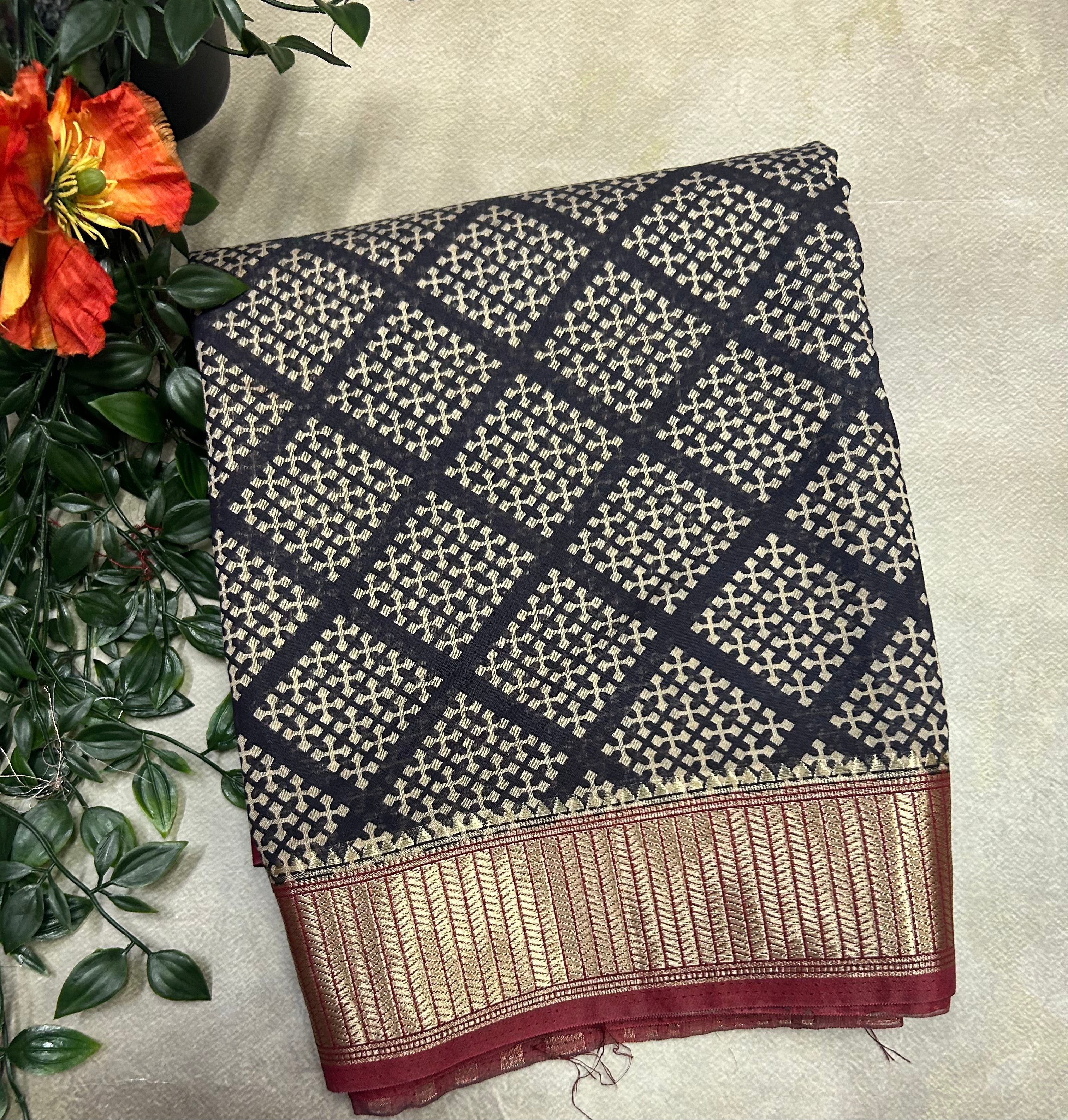 Black small Border soft Tussar crêpe Saree