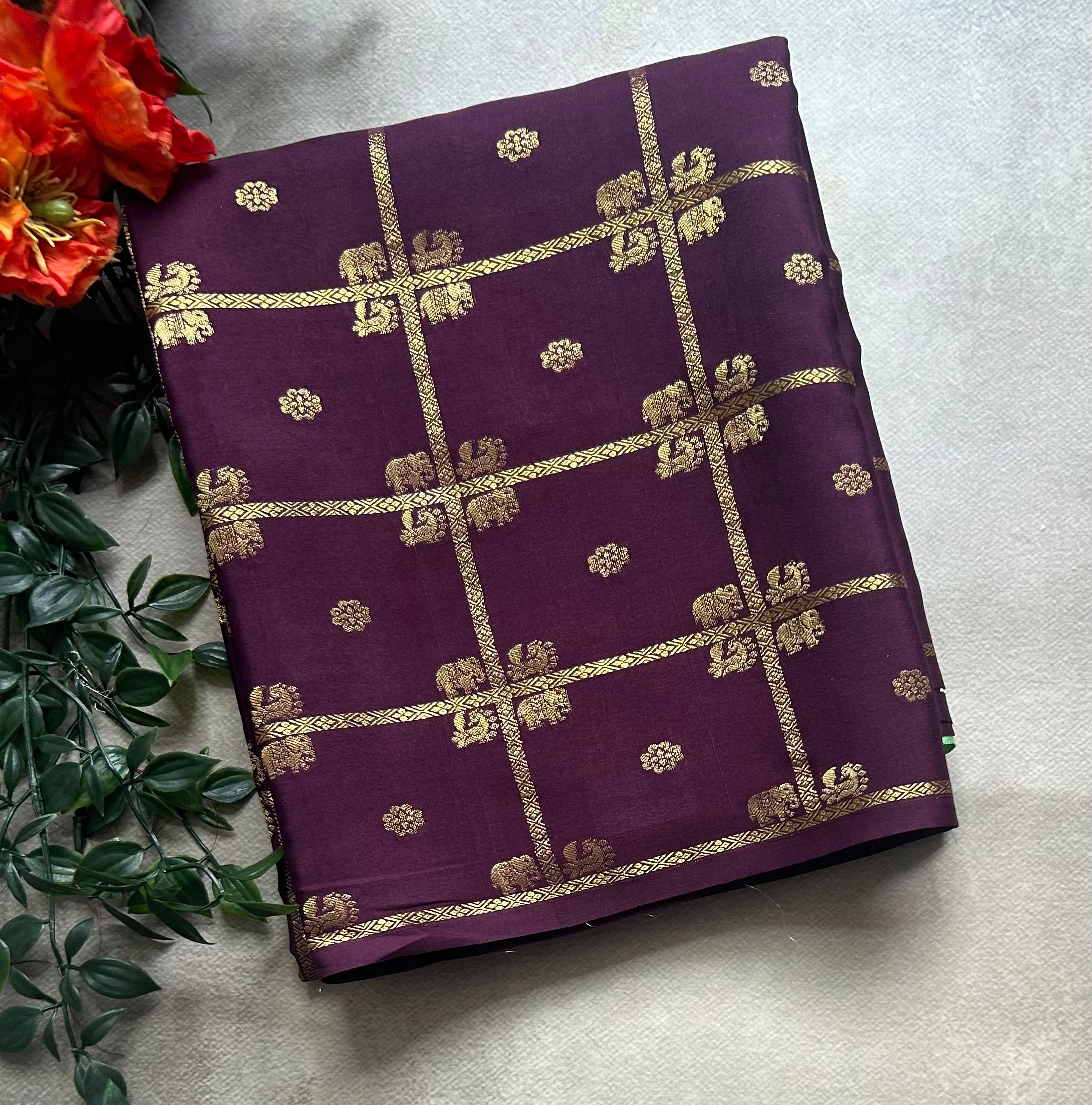 Dark brown contrast checks borderless pure mysore silk-102 saree