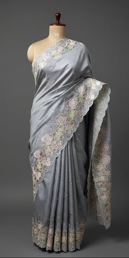 Light grey tussar embrodiery-12 work saree