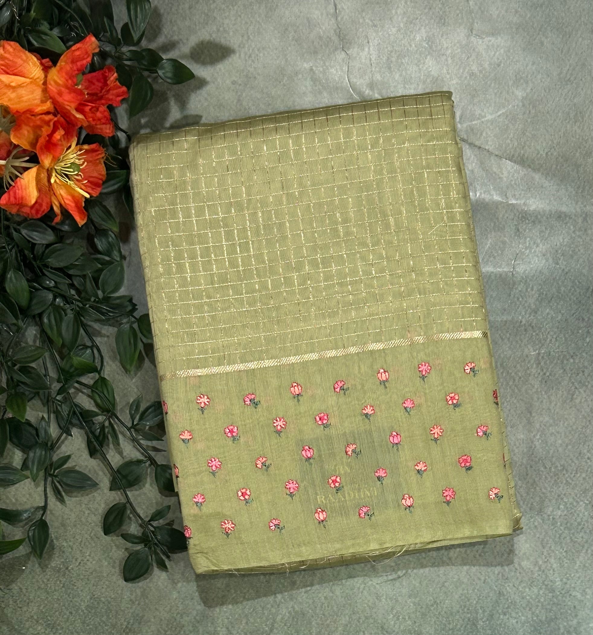 Light green checks embrodiery butta border soft tussar crepe 104 saree