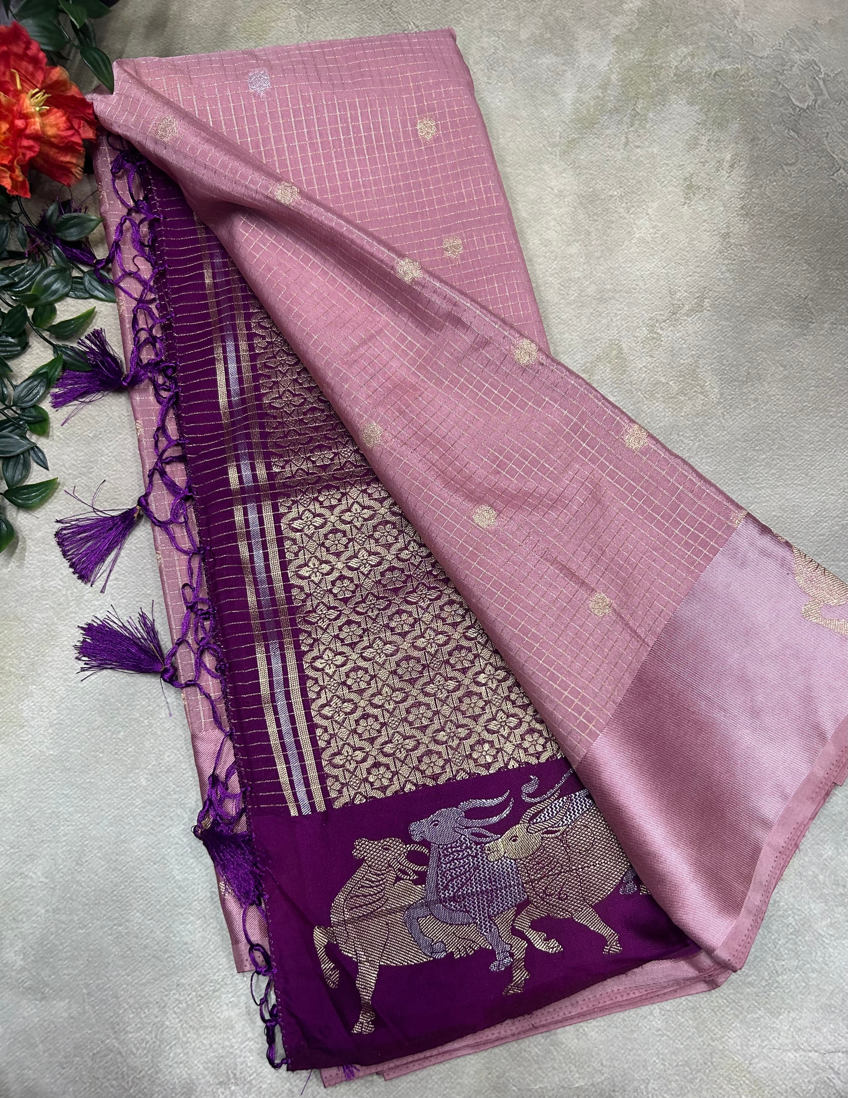 Pastel pink small checks semi Mysore crepe saree(SMC106)