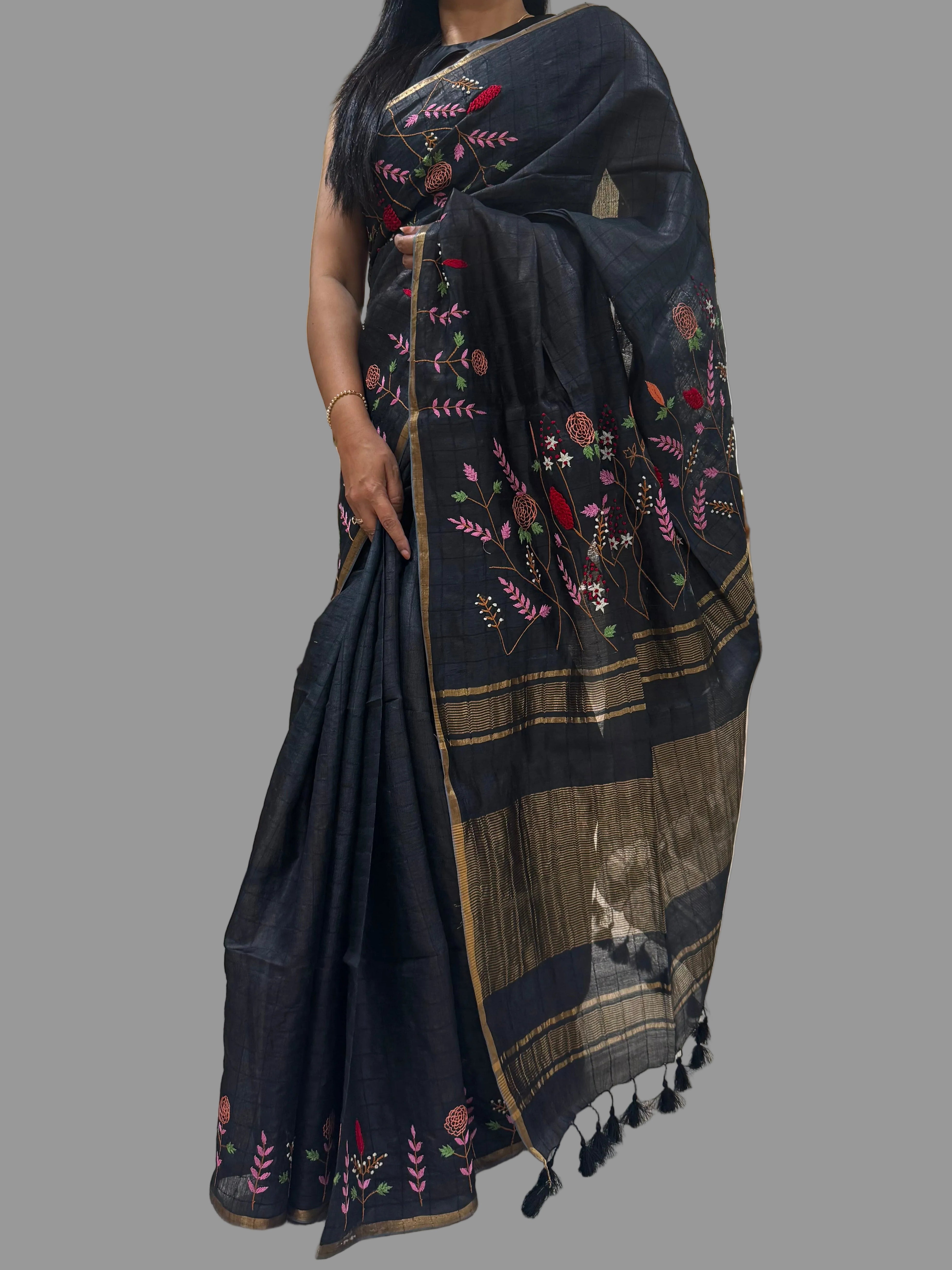 Black checks pure Tussar embroidery work saree