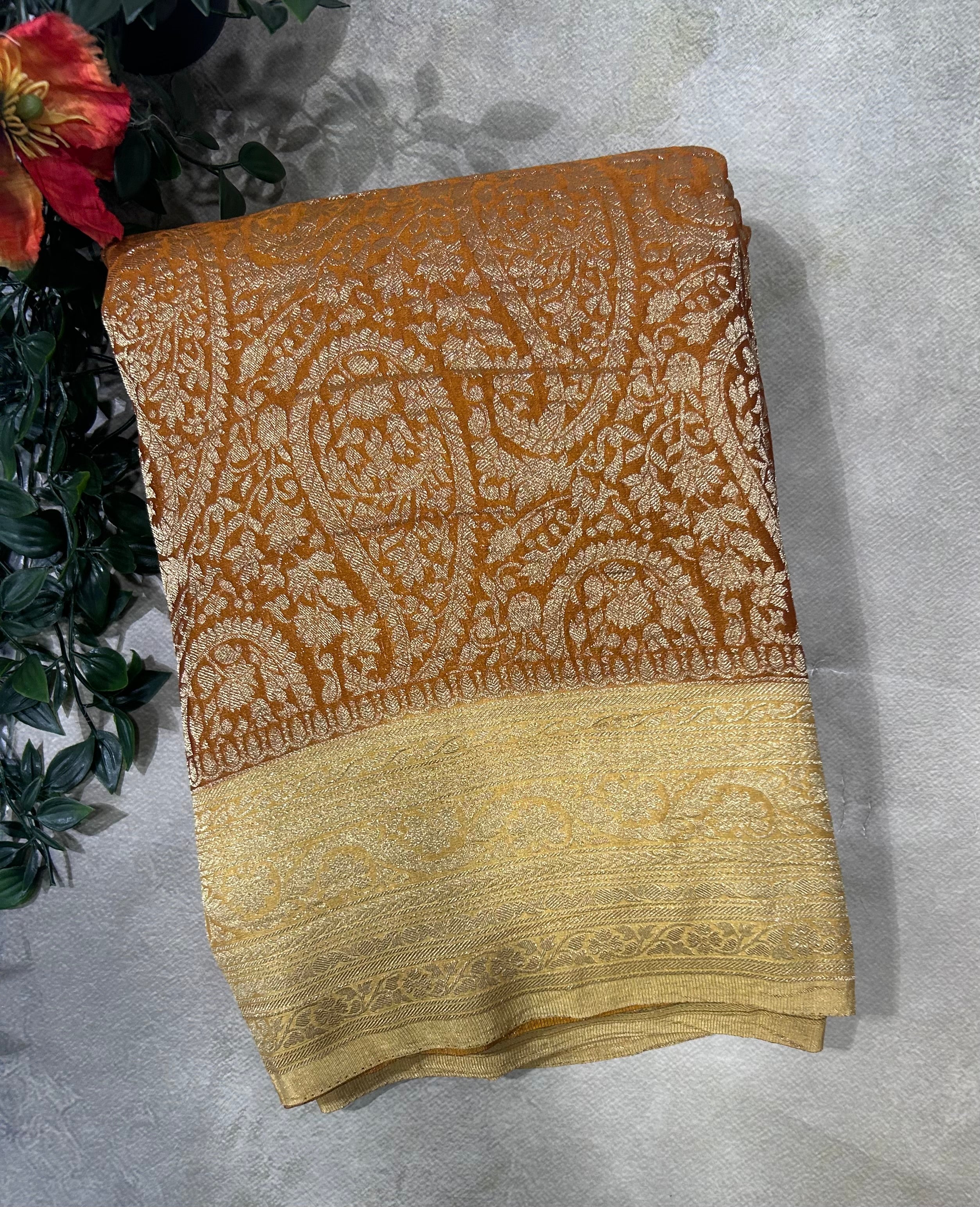 Dark mustard yellow brocade semi georgette 105 saree