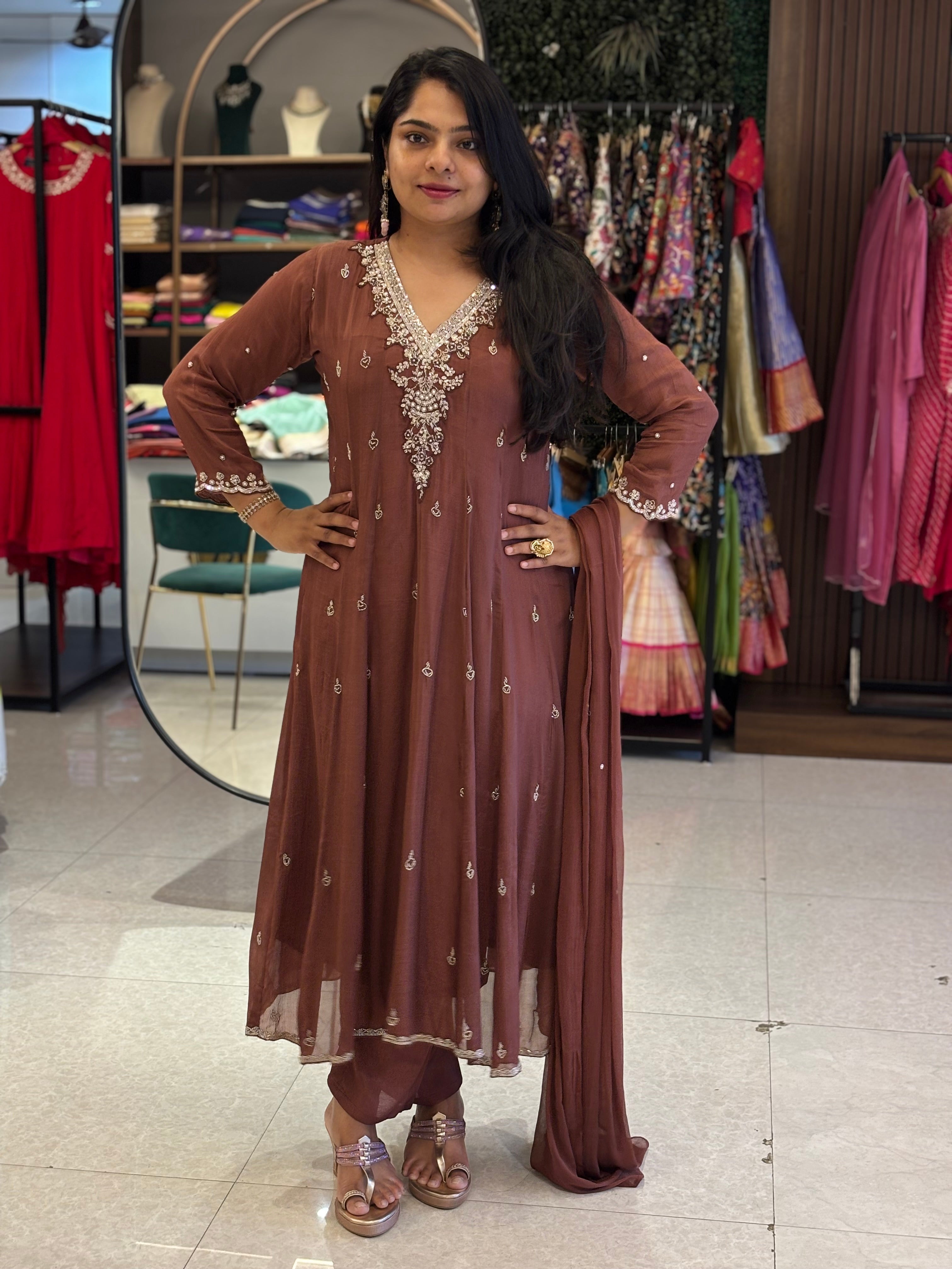 Brown Anarkali Chinnon Hand Embroidery Kurtha 567