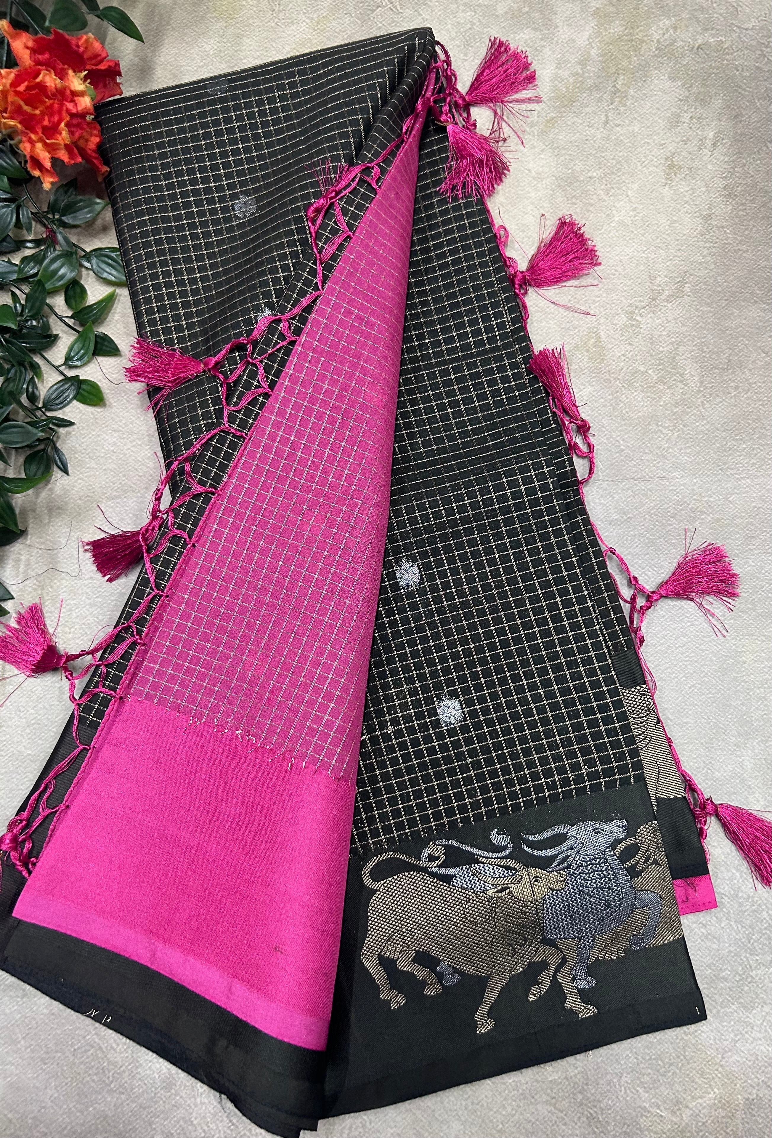 Dark olive green small checks semi Mysore crepe saree(SMC106)