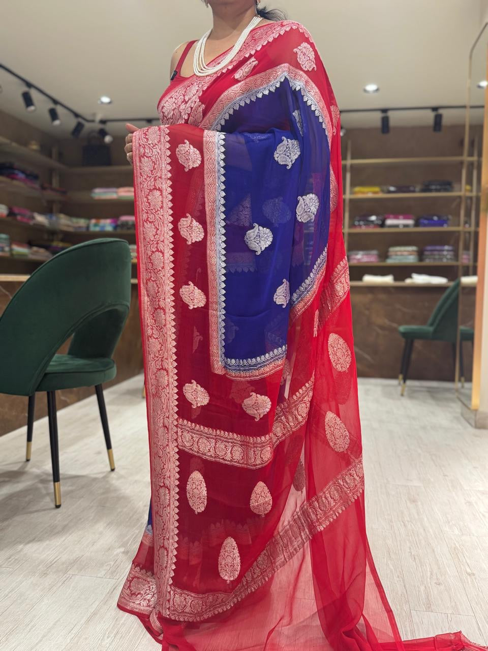 Blue n red benarasi double border pure chiffon saree