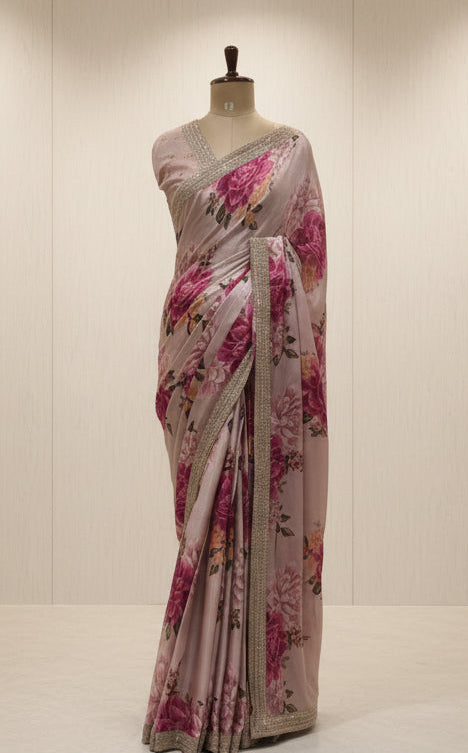 Pastel pink digital printed pure crepe 104 saree