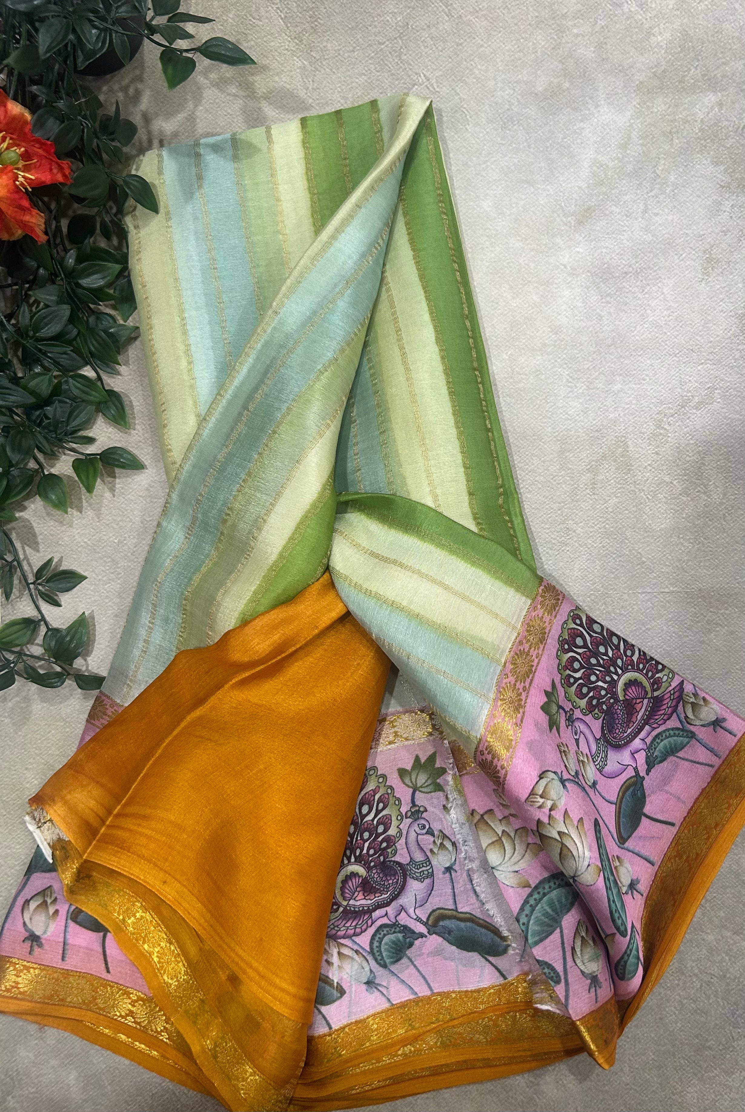 Rankart kalamkari border pure wrinkle 103 crepe silk saree