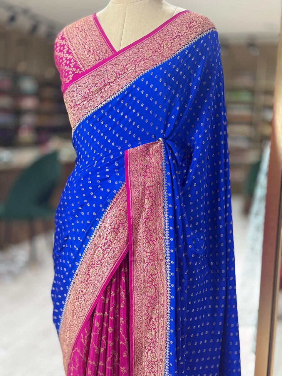 Royal blue n pink partly pallu pure Benarasi crepe silk saree