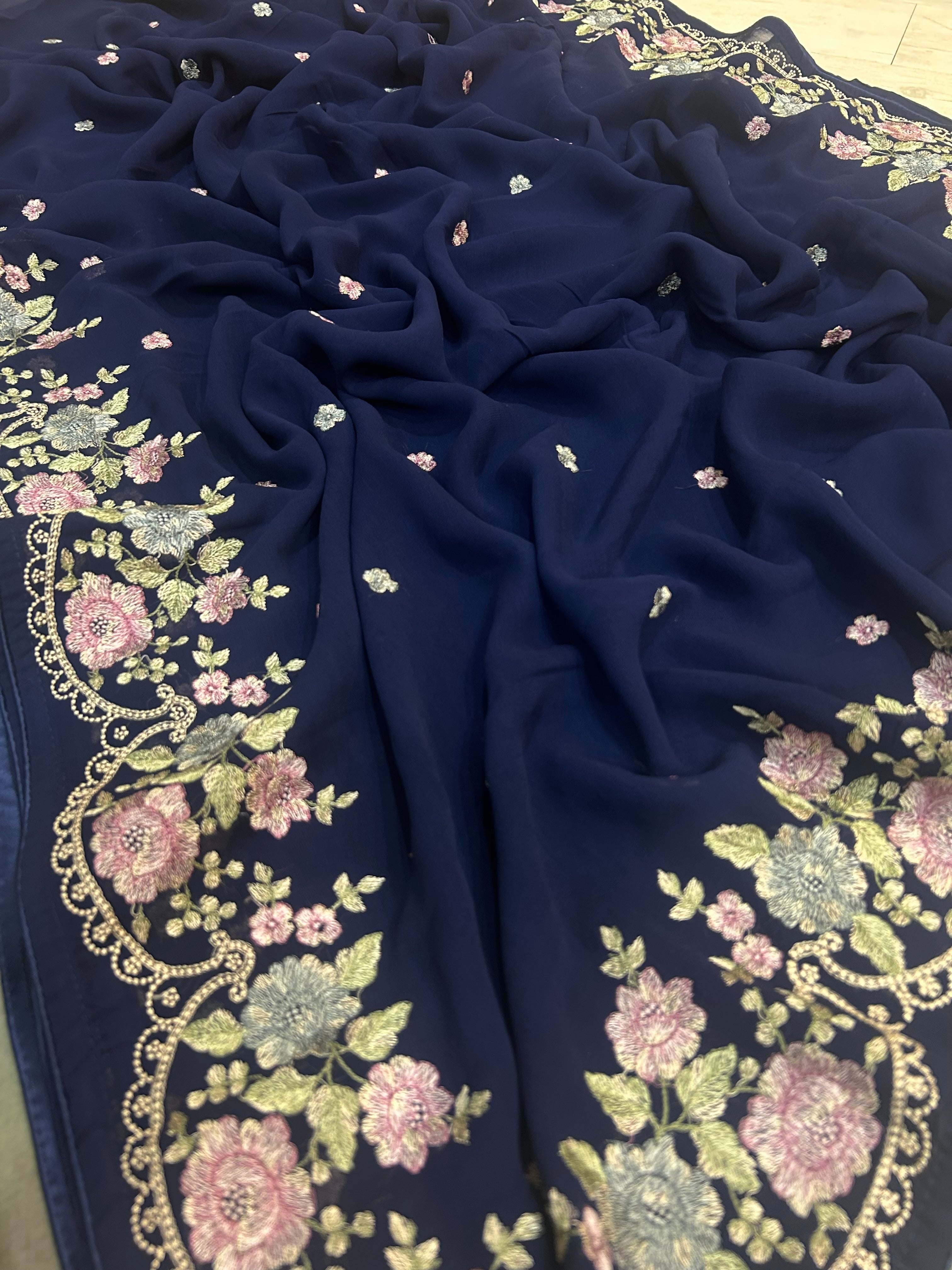 Navy blue digital printed border 104 chinnon saree