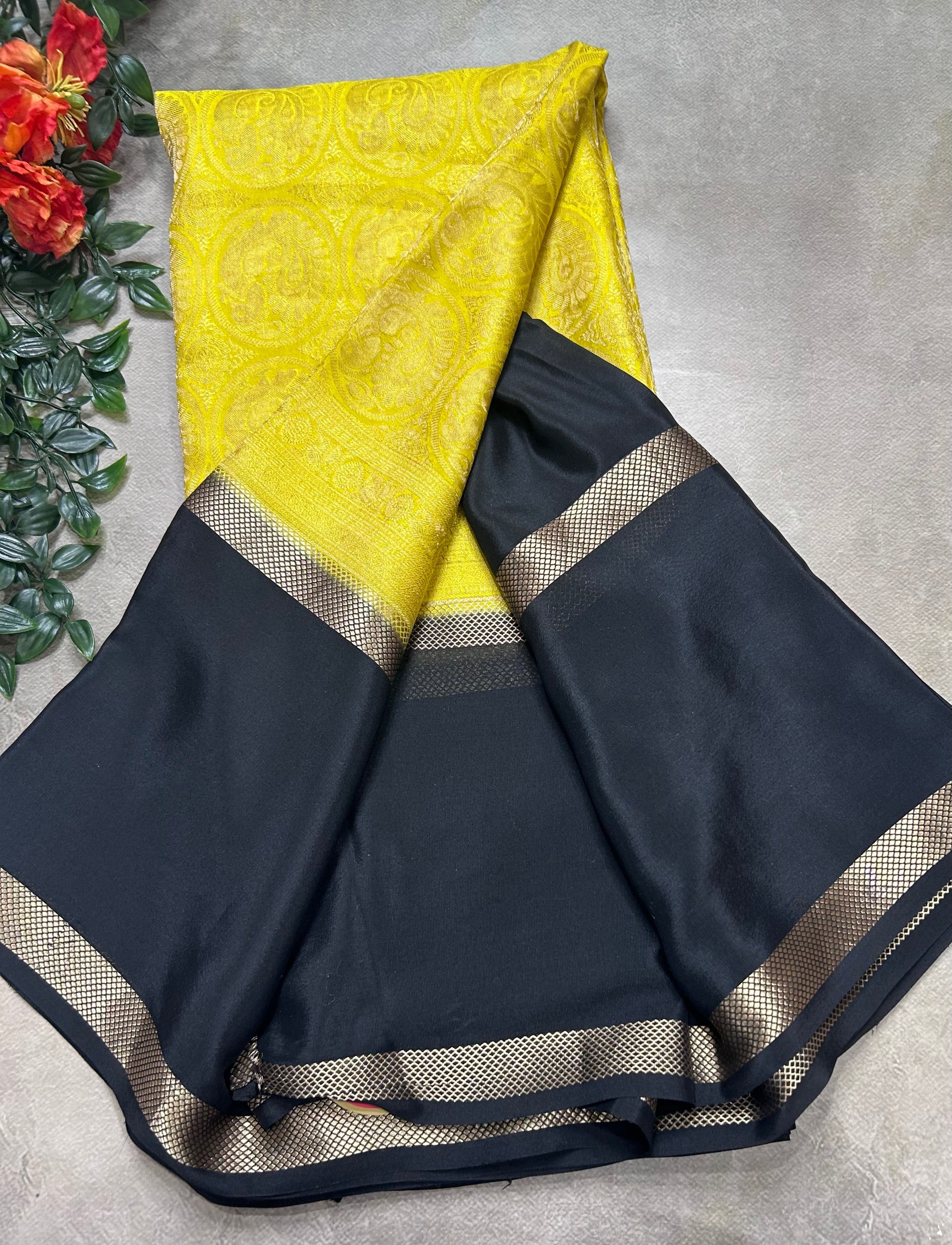 Yellow brocade n bentex border pure mysore silk saree(YMS106)
