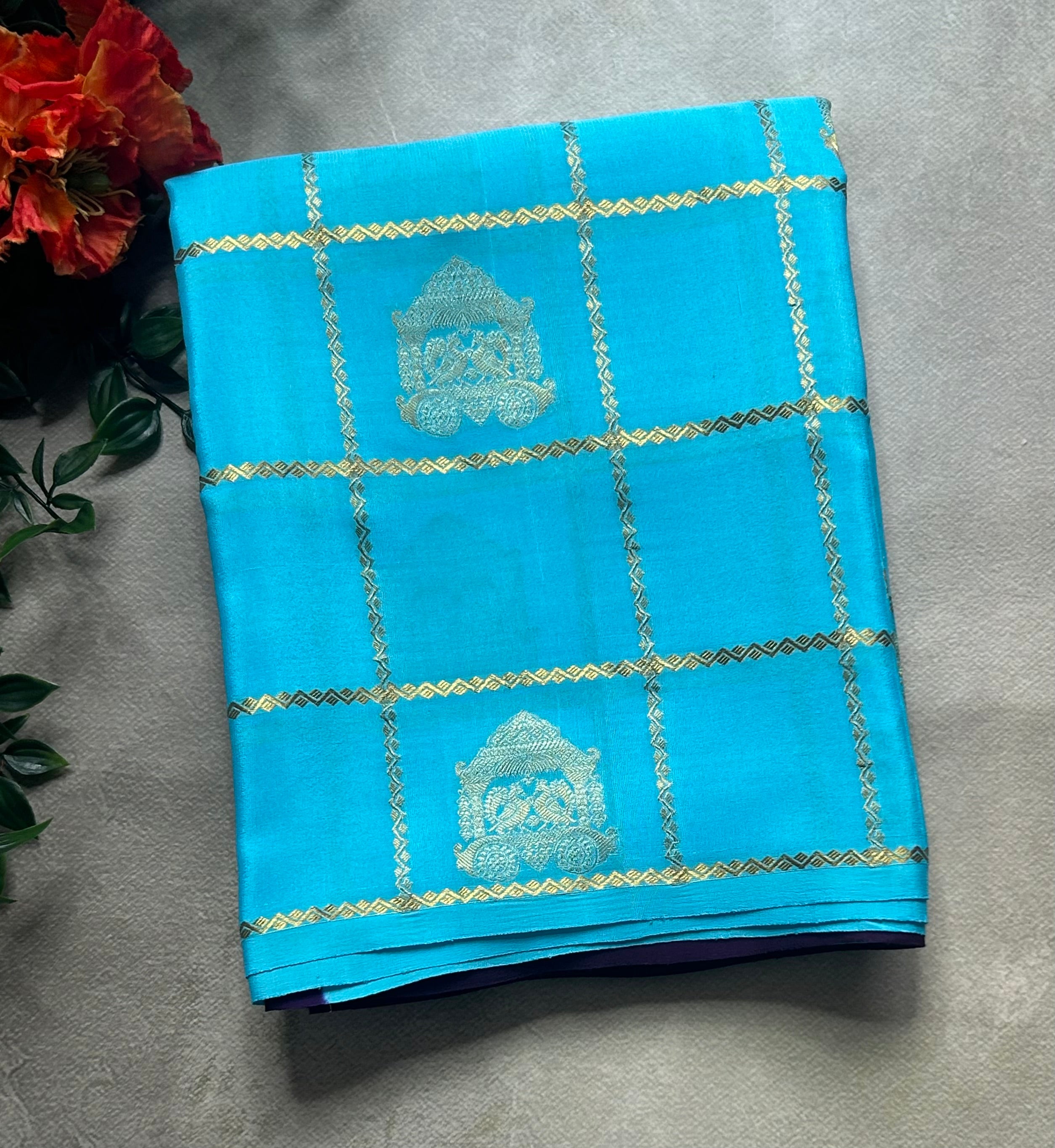 Sky blue contrast checks borderless pure mysore silk-102 saree