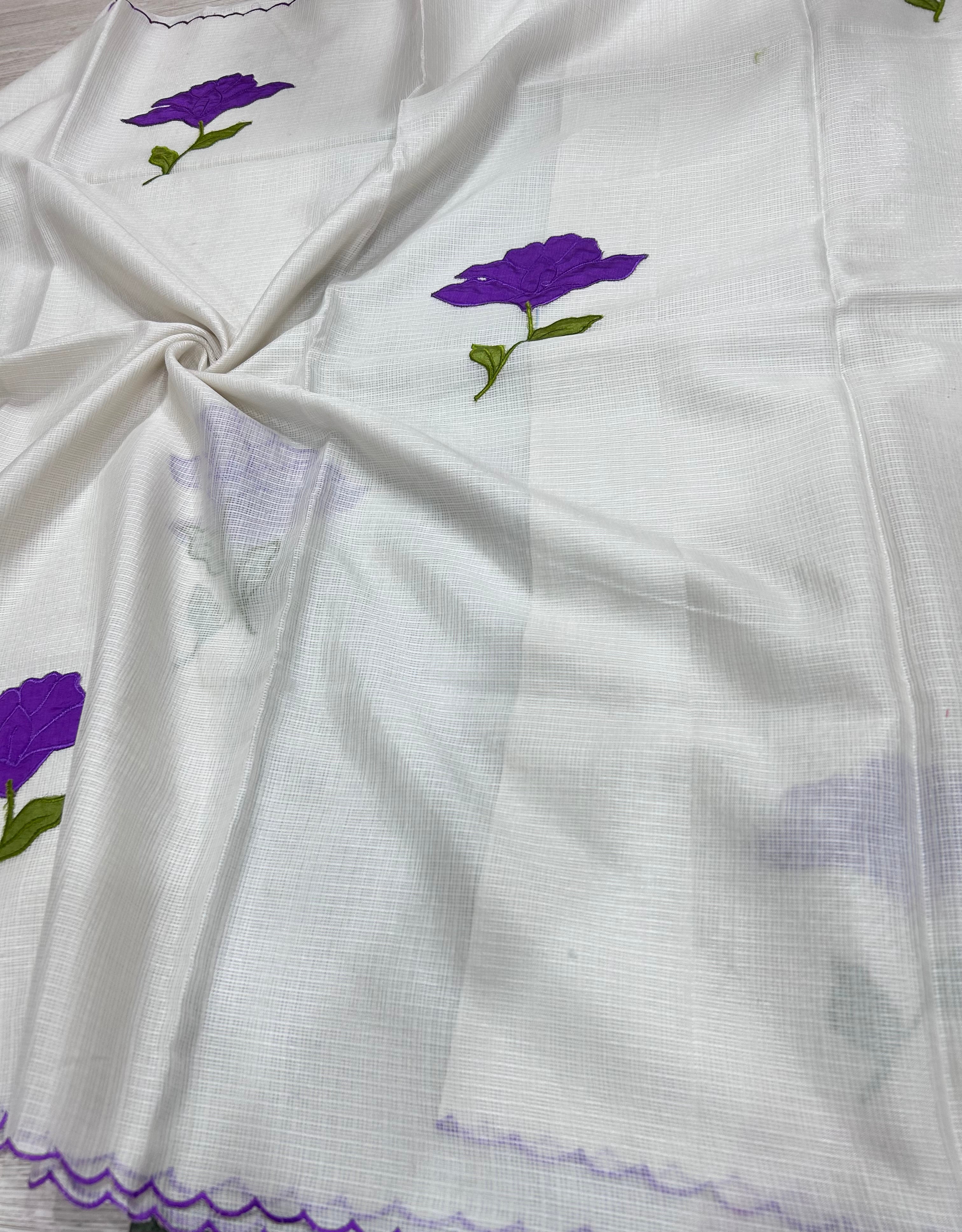 Cream scallop border purple embroidery work Kota check 106 Saree