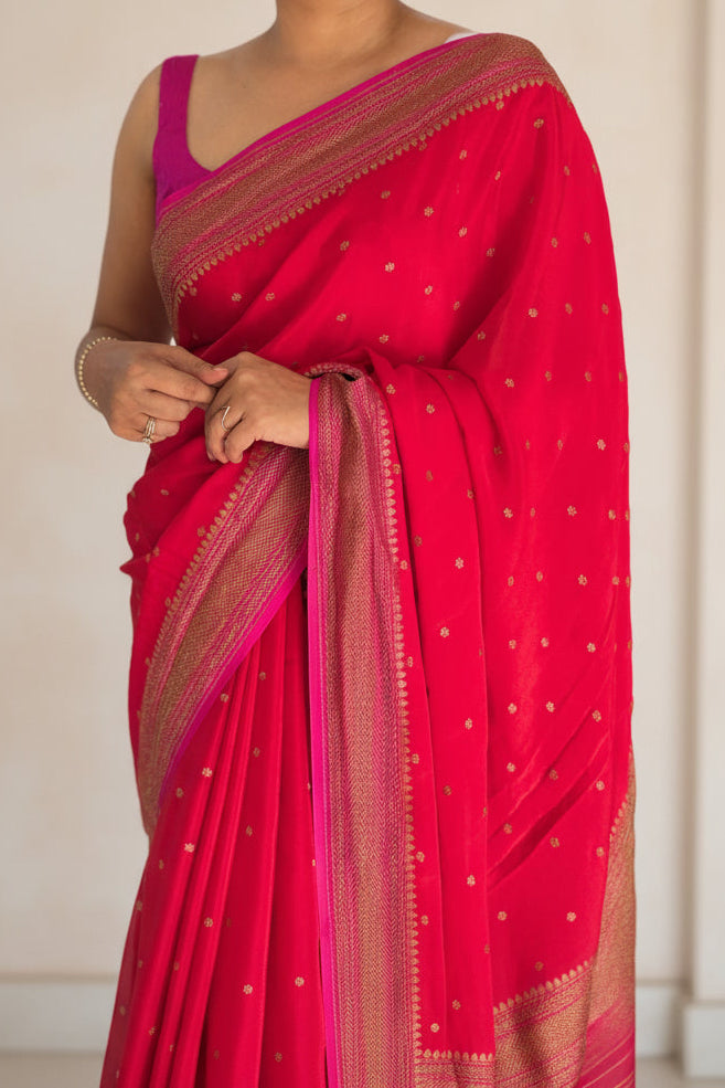 Red n pink small Butta pure Benarasi crepe 104 saree