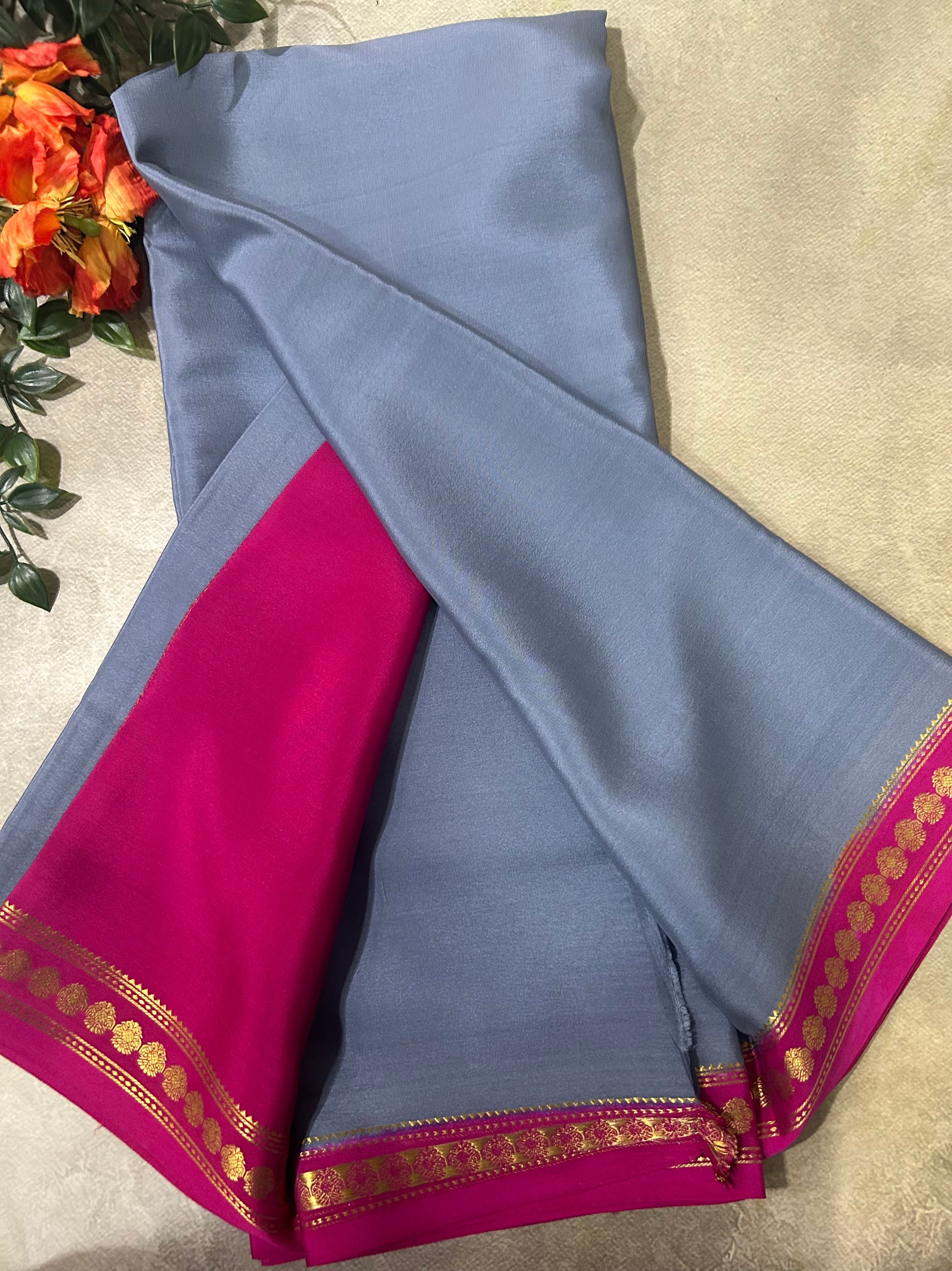 Grey small border pure Mysore silk 104 saree