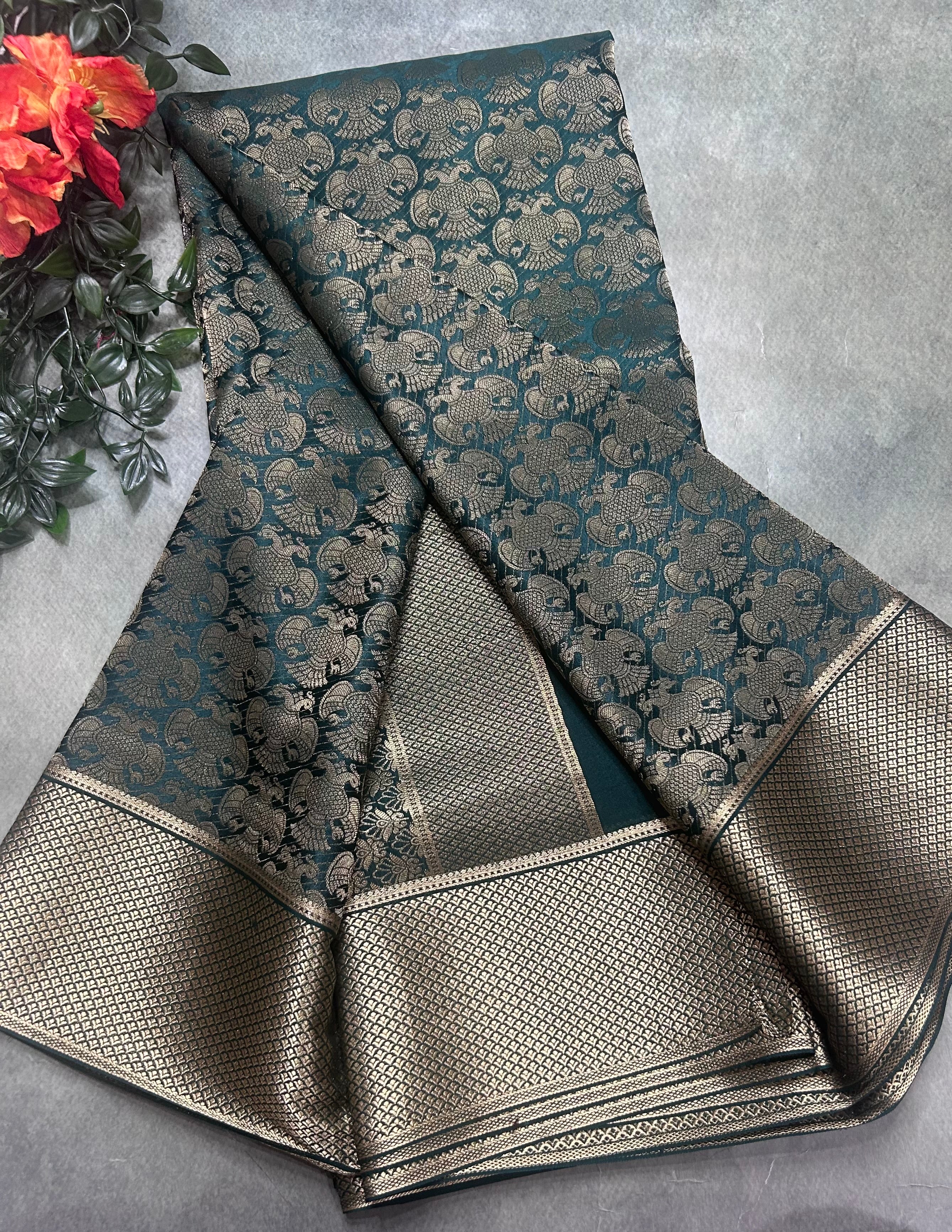 Bottle green gandaberunda brocade Pure Mysore Silk 106 Saree