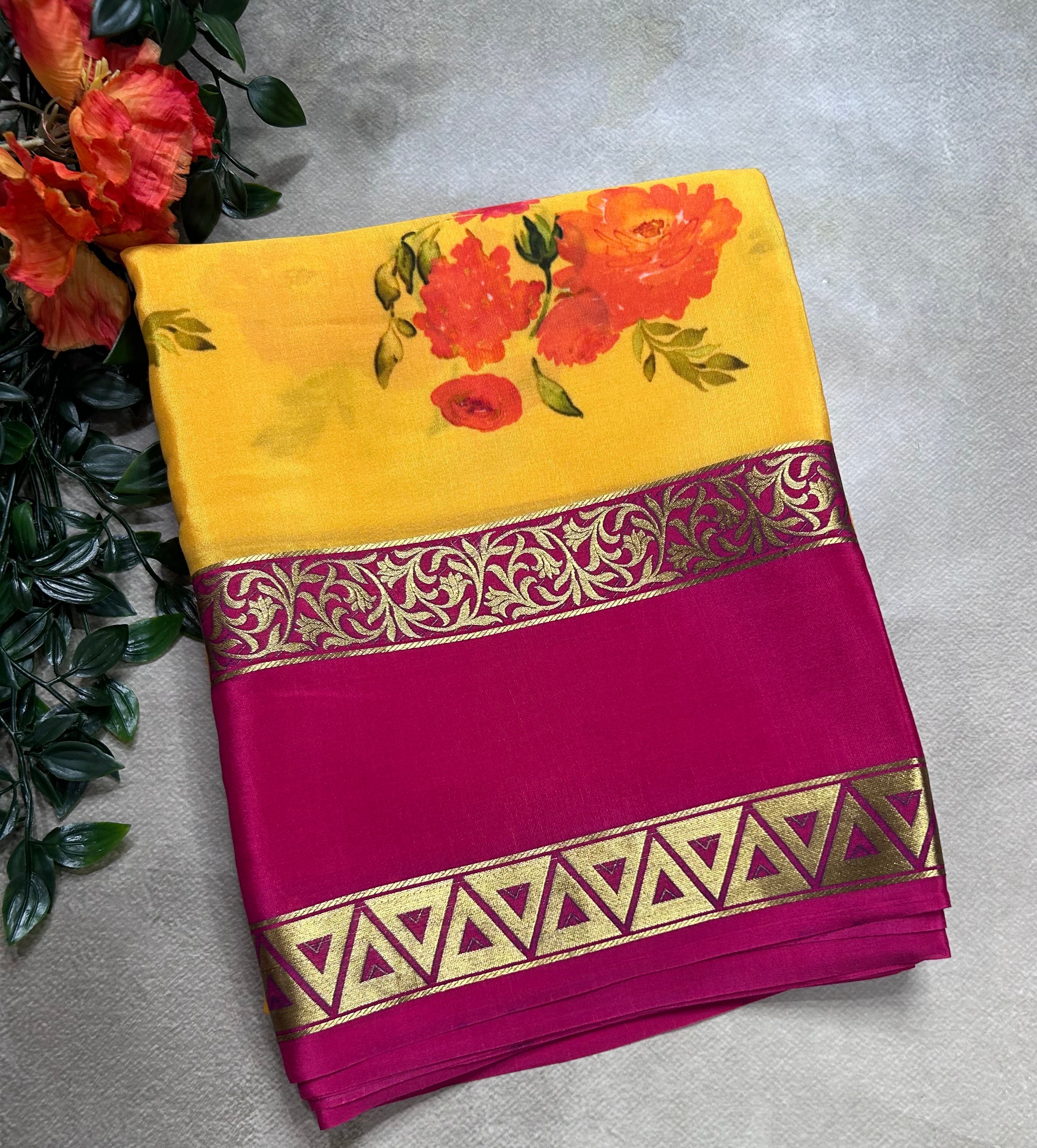 Yellow digital print pure mysore silk saree(DMS106)