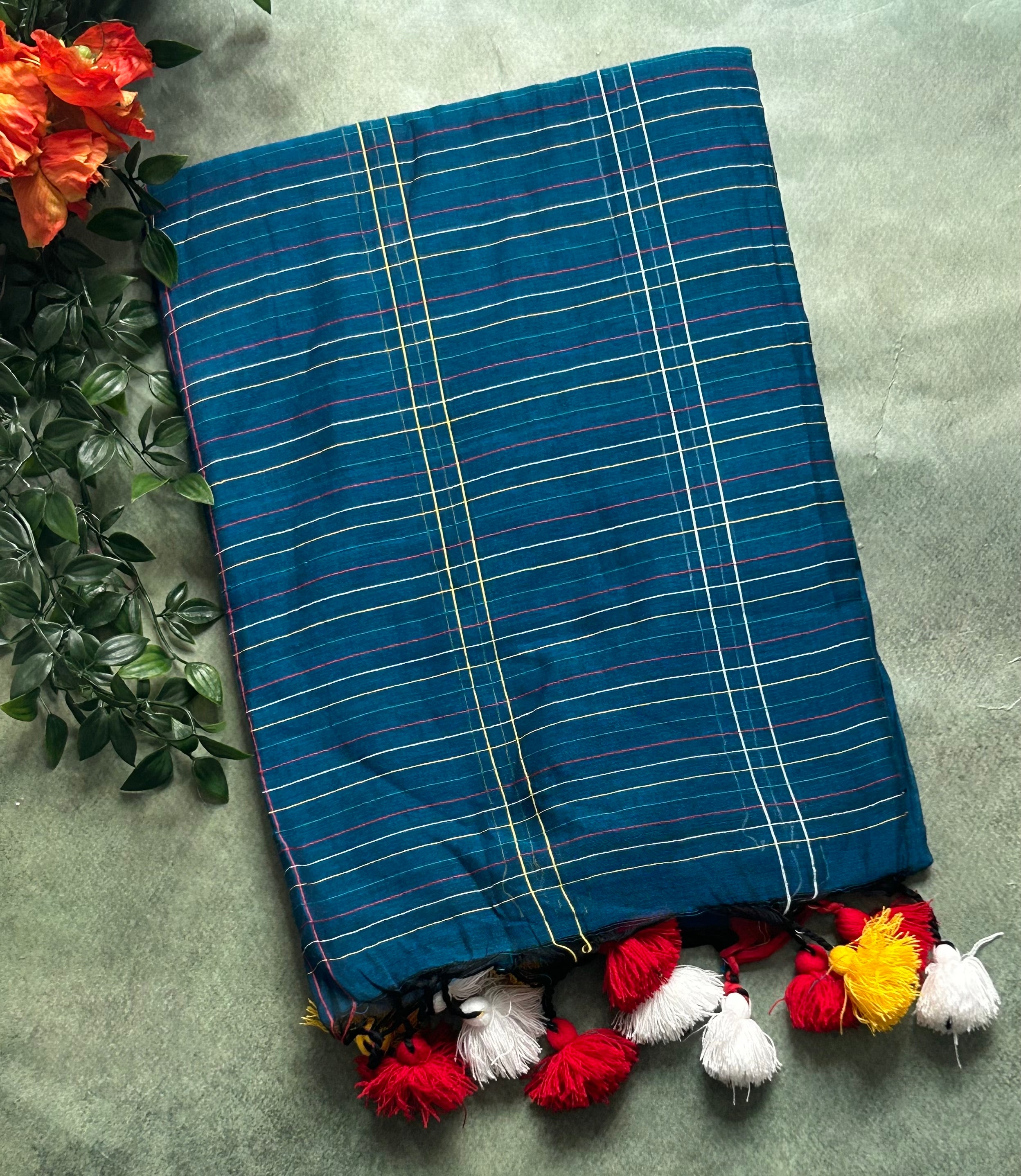 Peacock blue cotton 103 jamdani saree