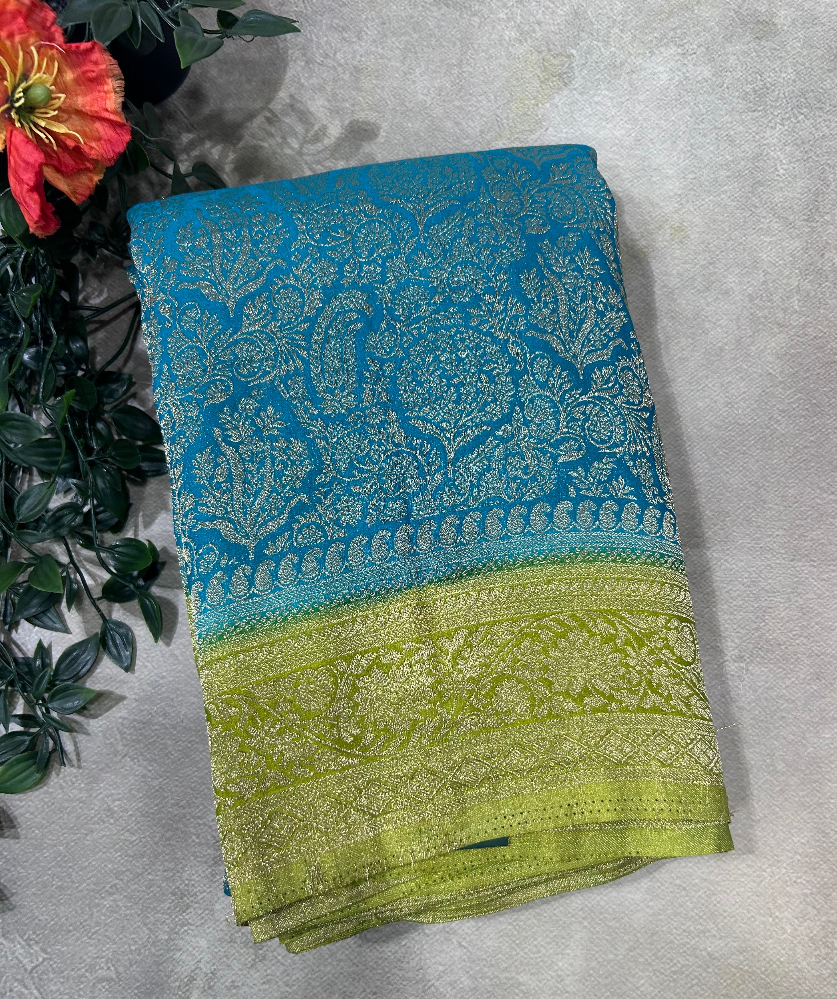Rama green brocade semi georgette 105 saree