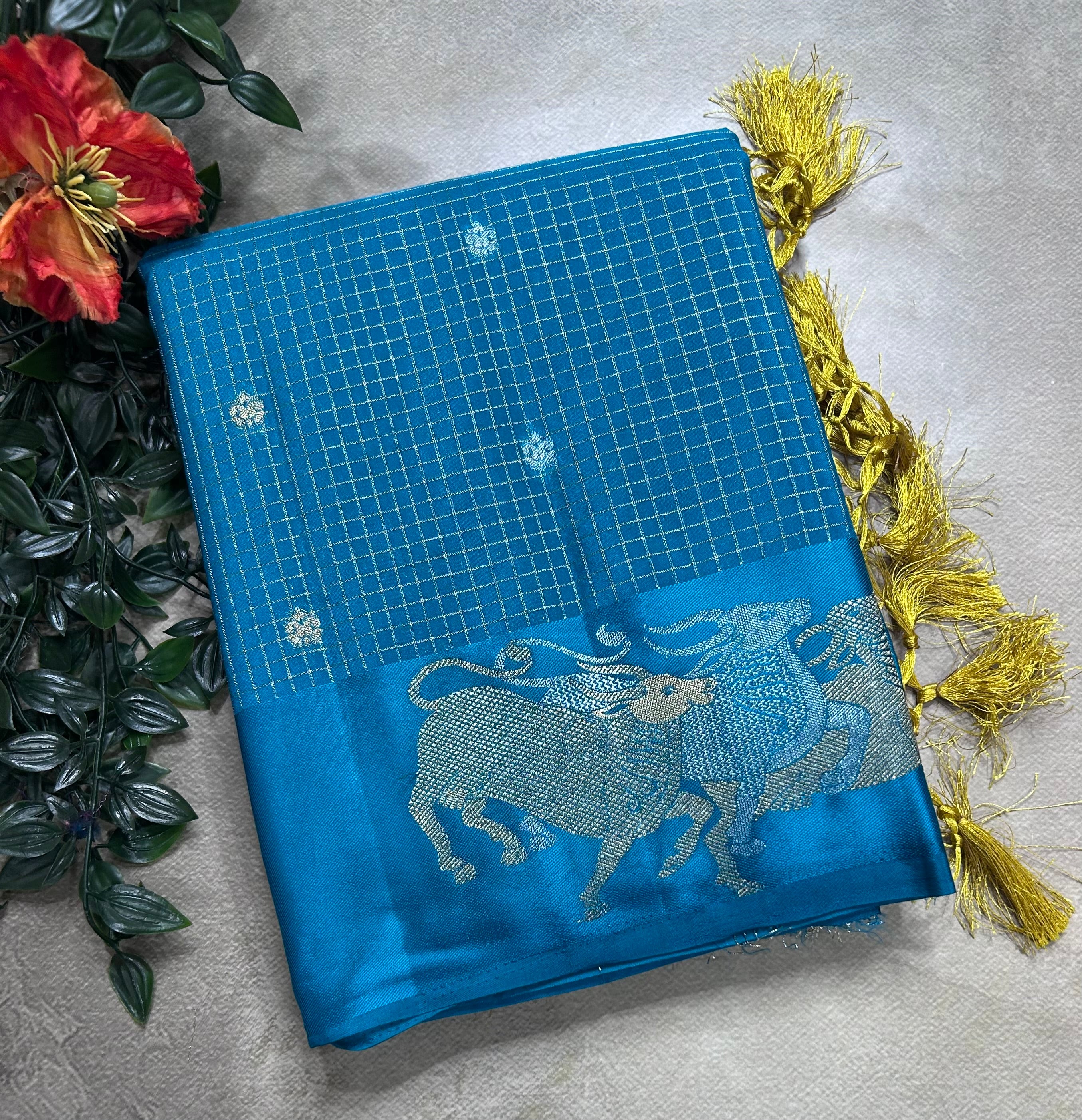 Blue small checks semi Mysore crepe 106 saree