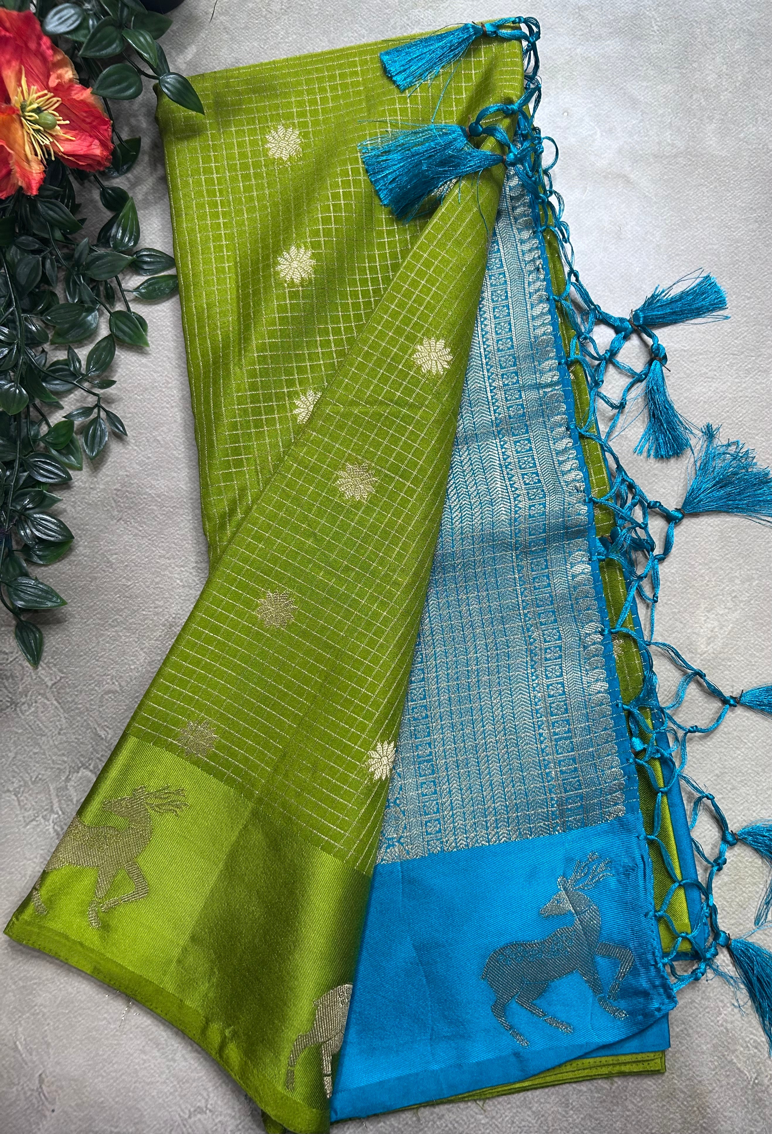 Green small checks semi Mysore crepe 106 saree