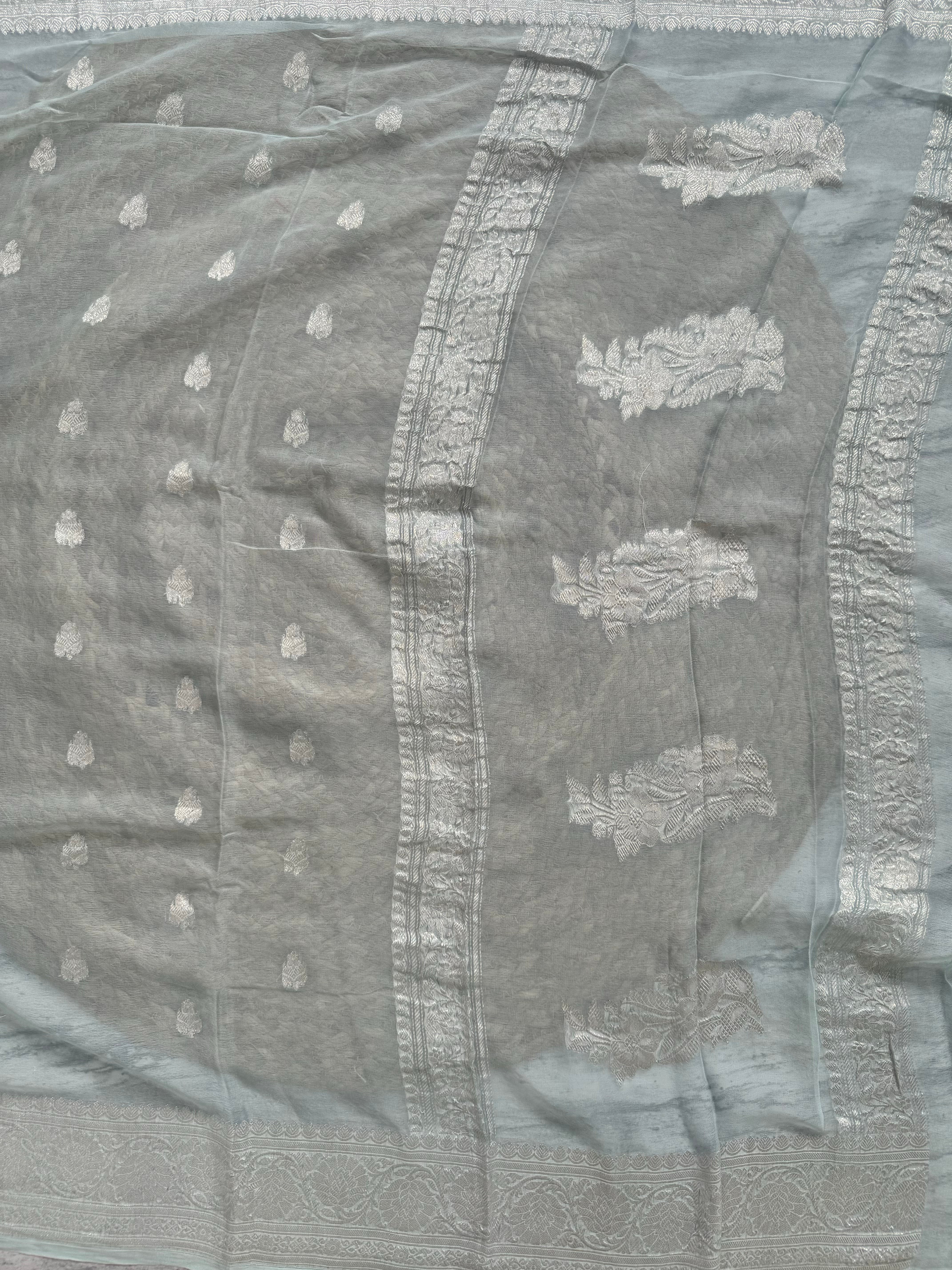 Pastel blue pure chiffon saree