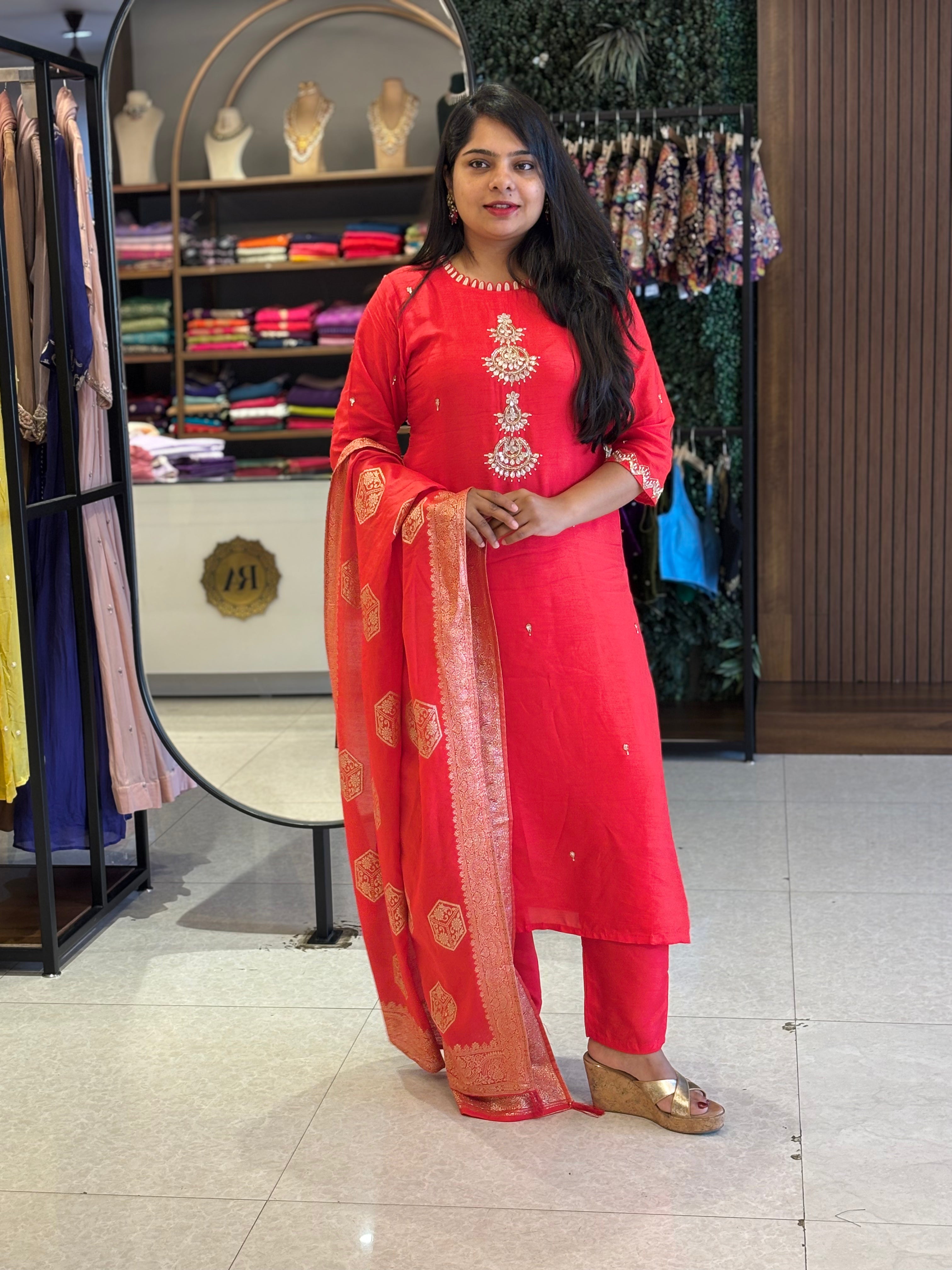 Red Dola Silk Handwork Straight Fit Kurtha 49