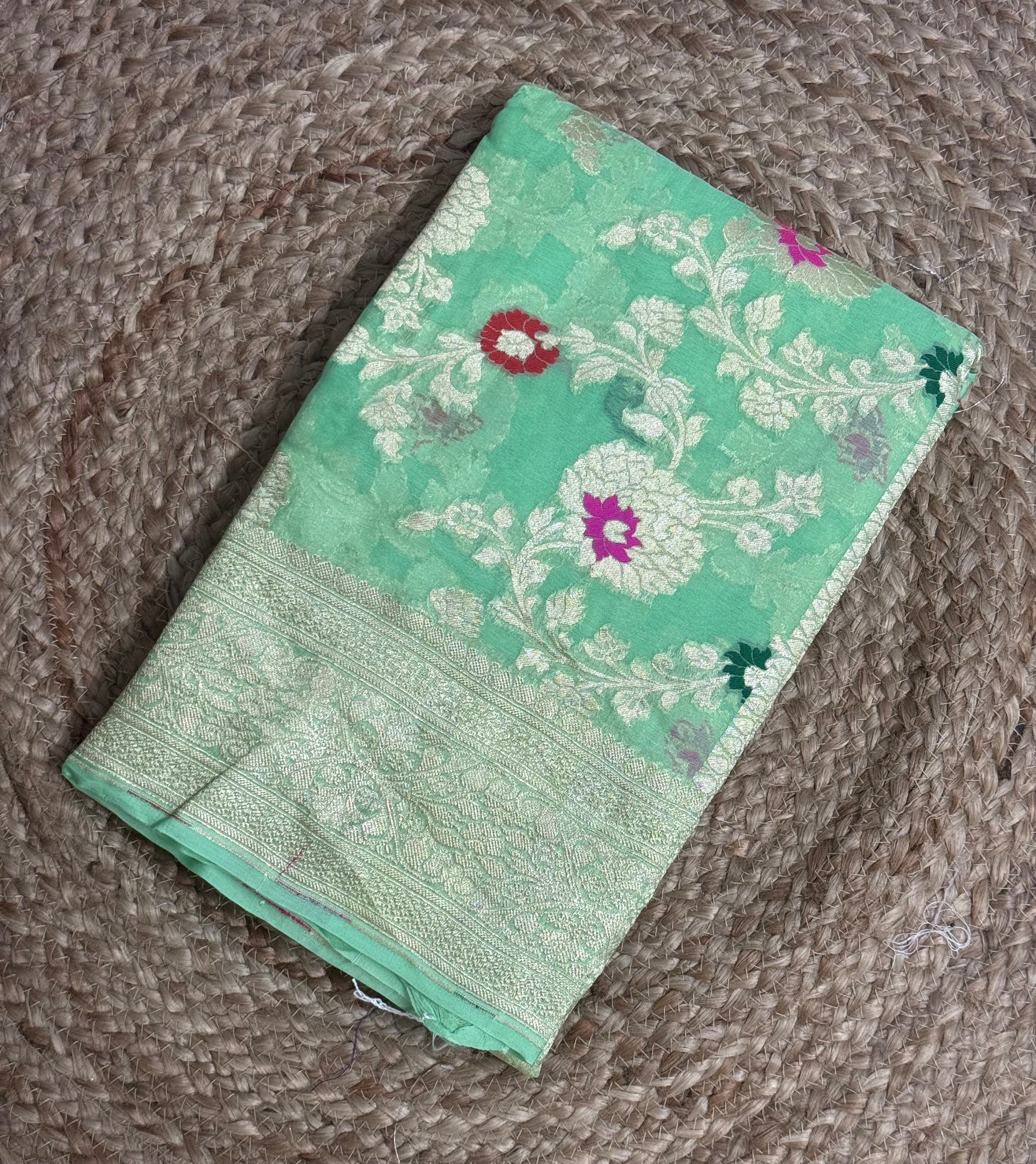 Sea green meena pure  georgette benarasi saree