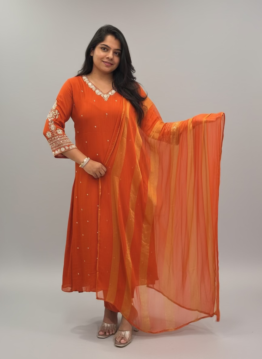 Orange Anarkali Chinnon Hand Embroidery Kurtha 16