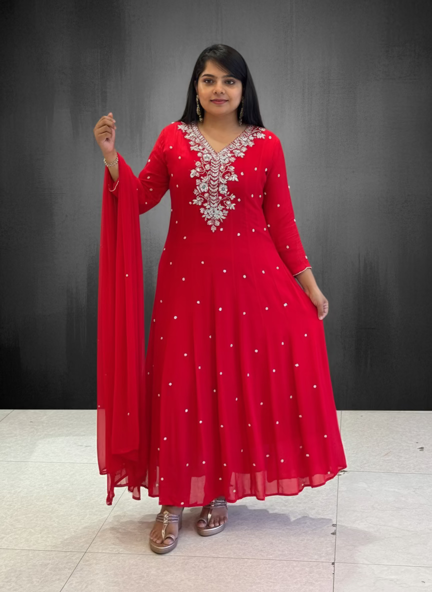 Red Anarkali Chinnon Hand Embroidery Kurtha 567