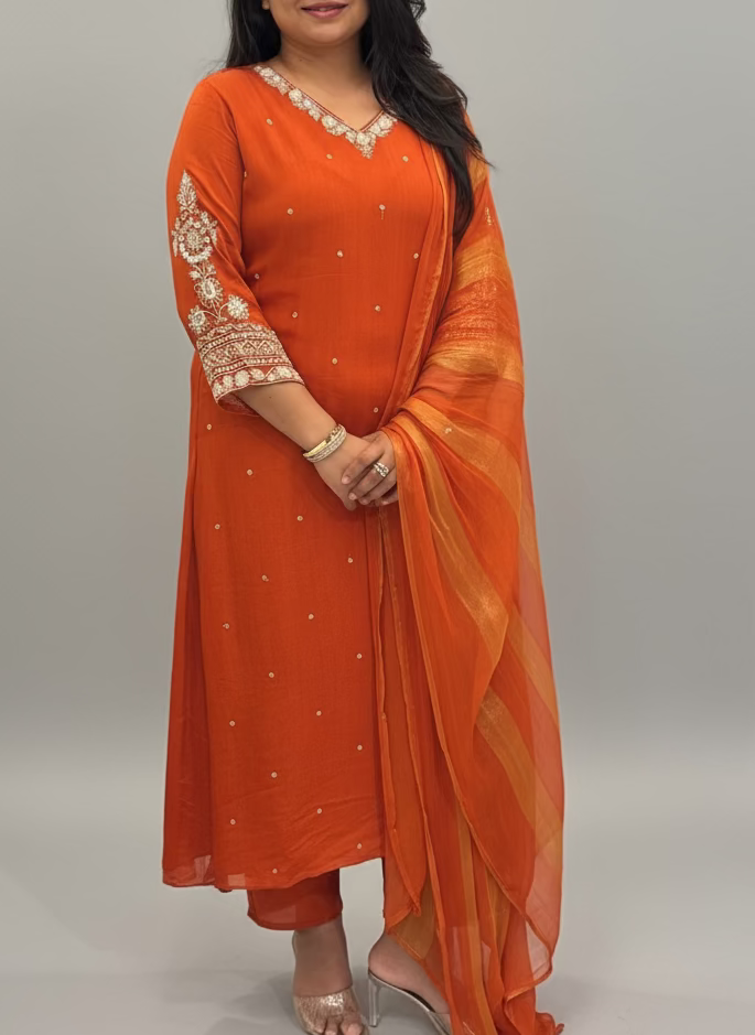Orange Anarkali Chinnon Hand Embroidery Kurtha 16