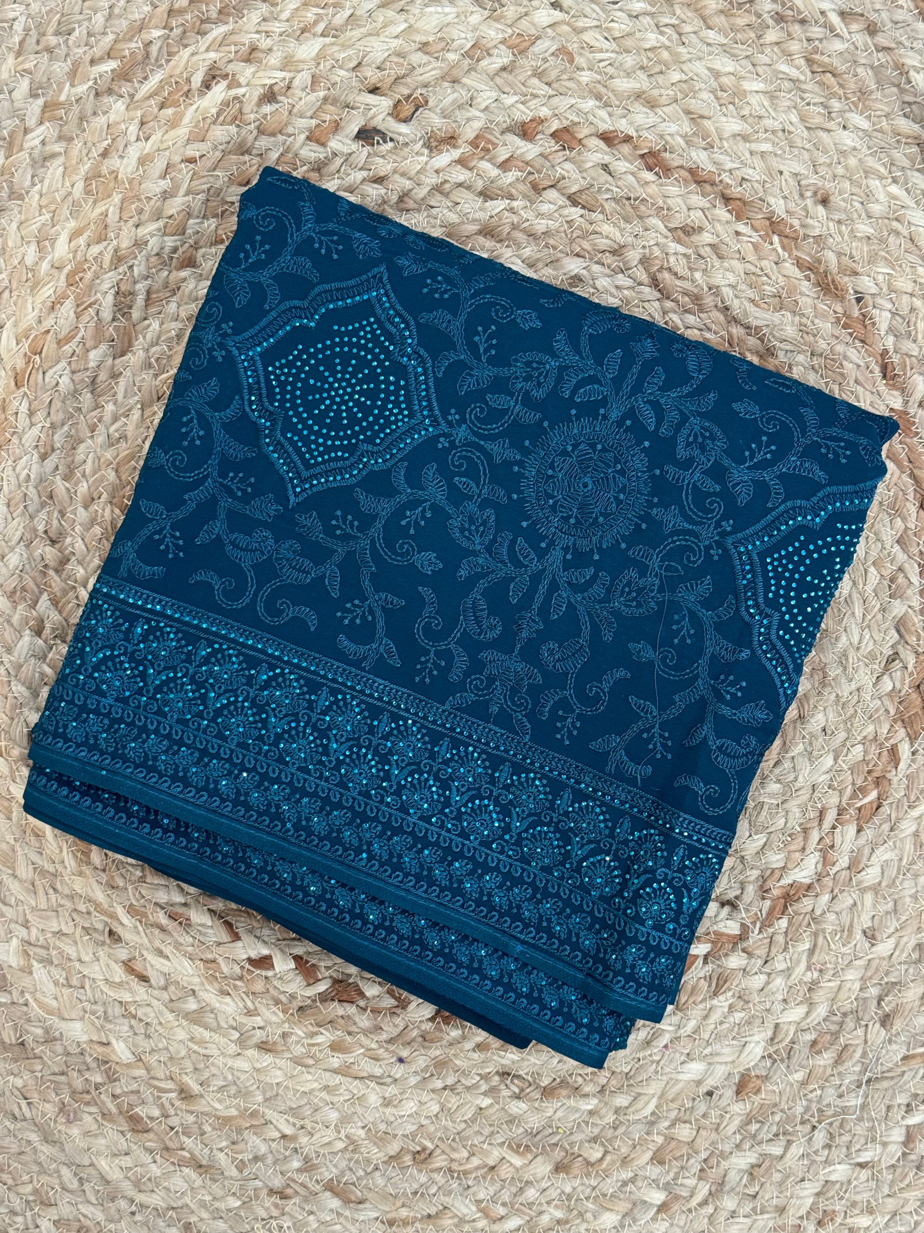 Blue chickankari Georgette saree