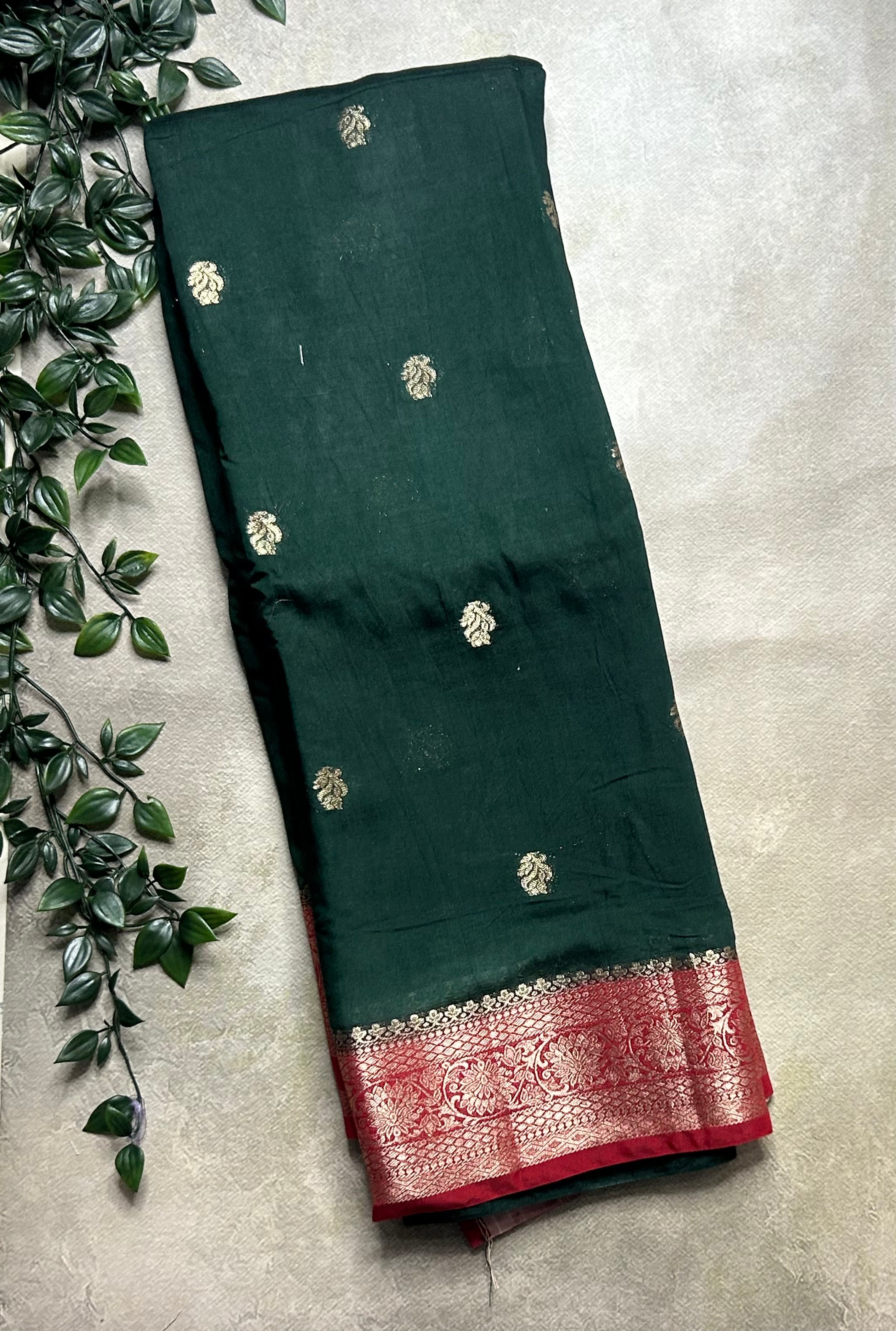 Bottle green  n red soft Tussar crepe saree