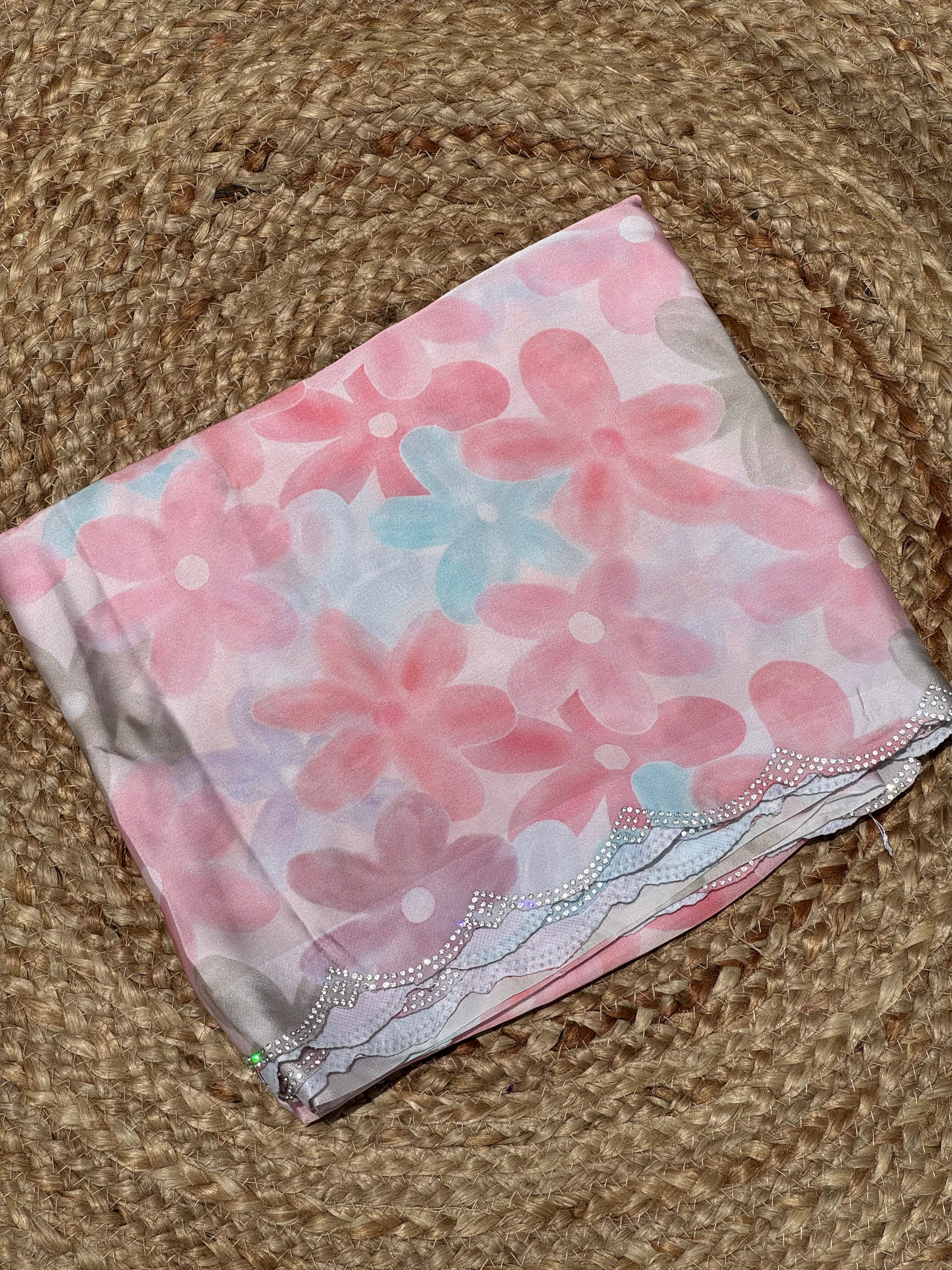 Pink digital stone party wear satin saree