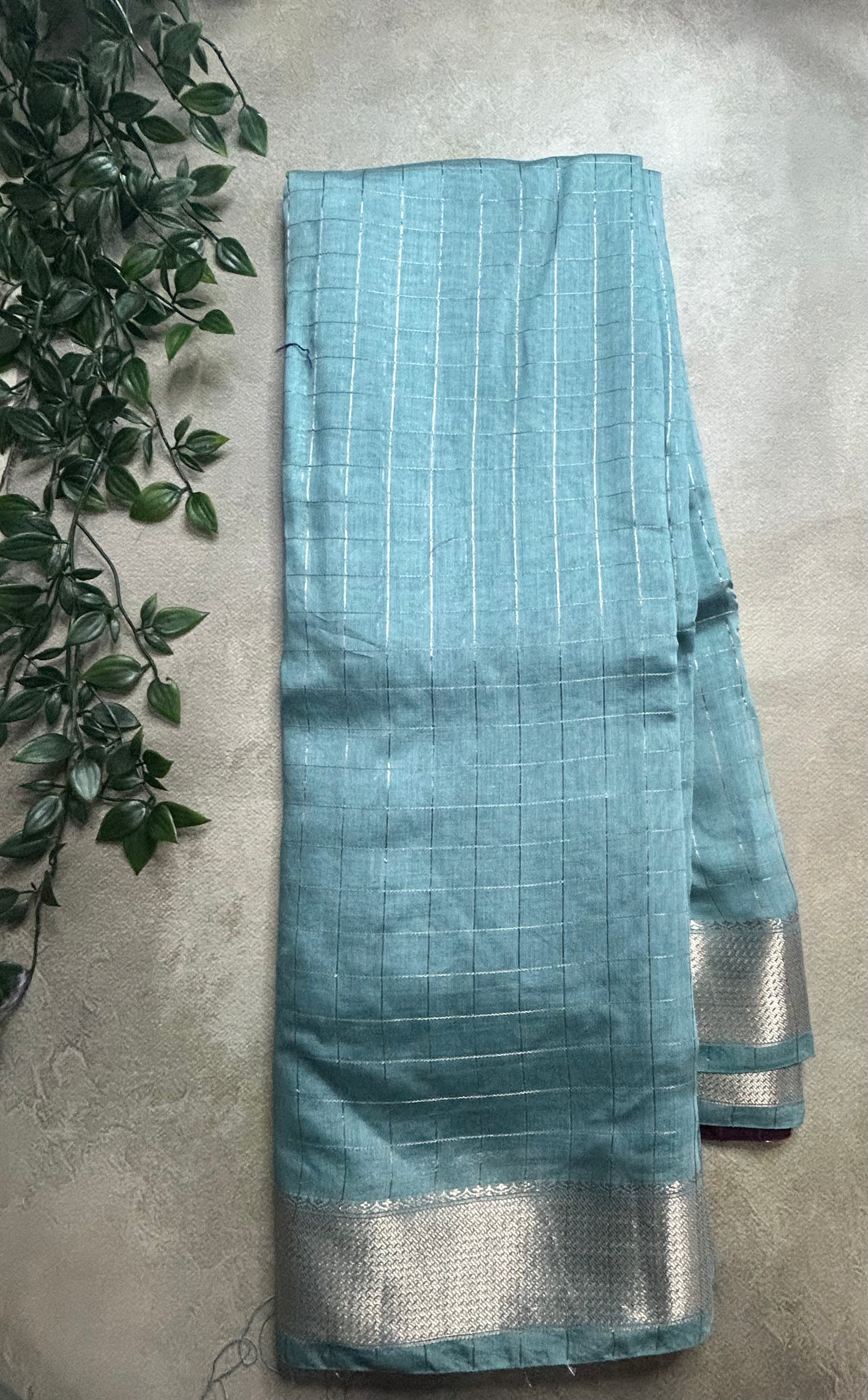 Pastel blue small checks soft Tussar crepe saree