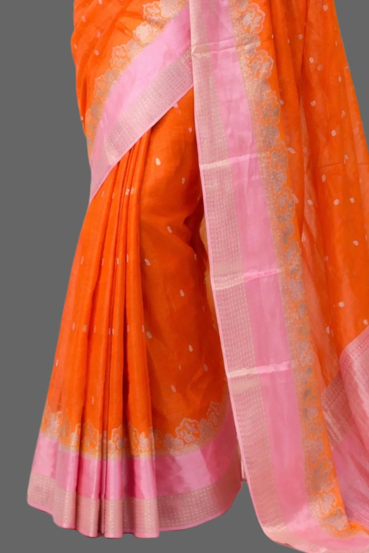 Orange n pink chinnon 102 crepe saree