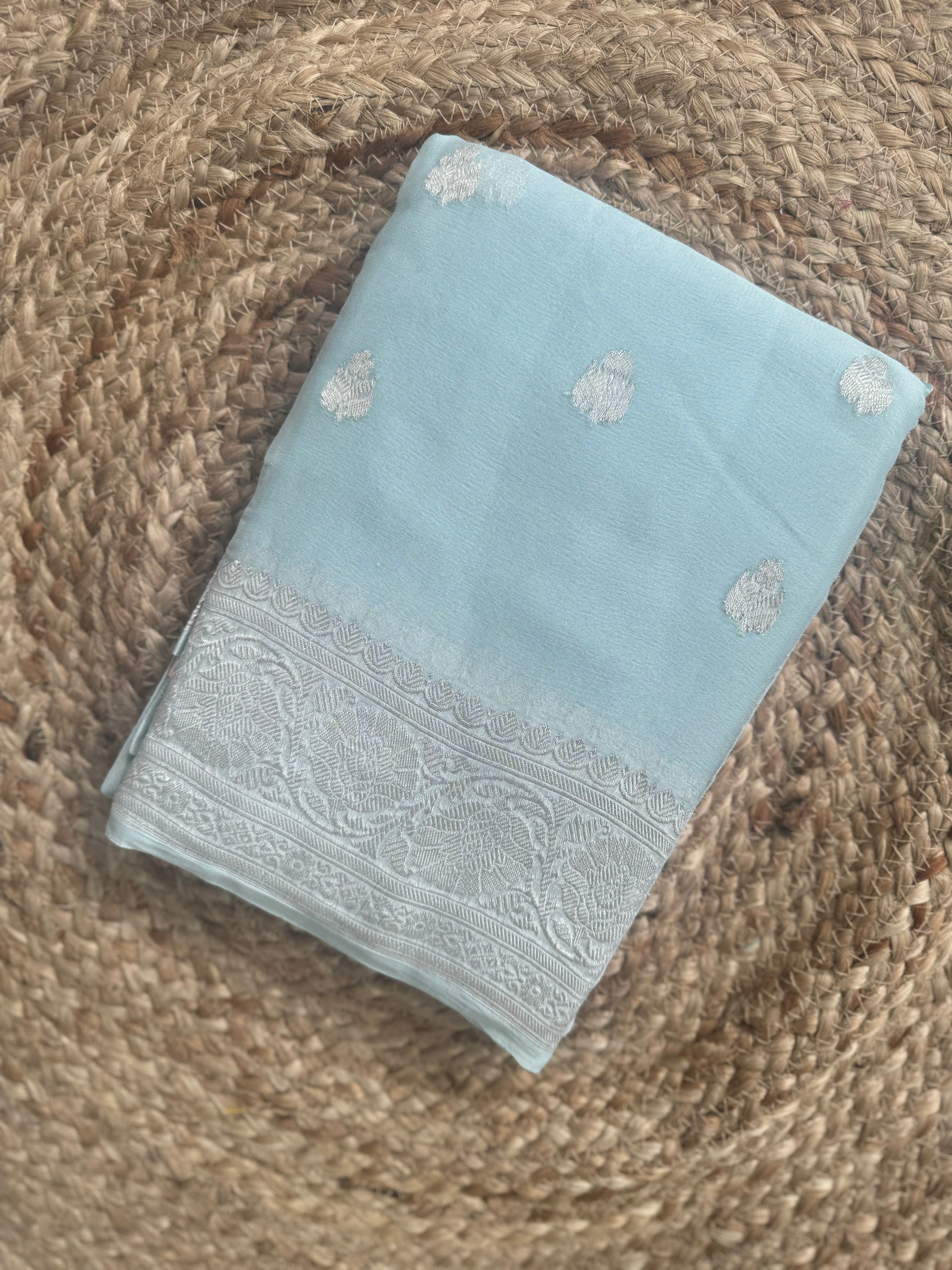 Pastel blue pure chiffon saree
