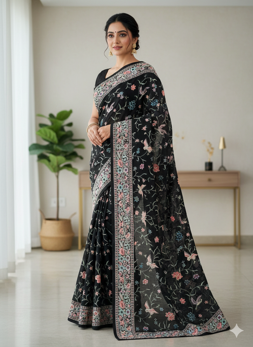 Black small butta semi tussar saree (Black 102)